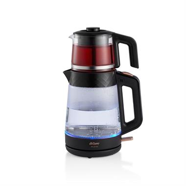 Arzum AR3101 Gusto Cam Demlikli Çay Makinesi Siyah (2 L Su Isıtıcı + 0.9 L Demlik)