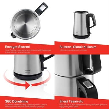 Arzum AR3149-0600 Teacharm Paslanmaz Çelik Çay Makinesi 1.8 L + 1.2 L