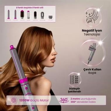 Mieco Aria 8 in 1 Saç Kurutma ve Şekillendirme Seti Gri-Pembe