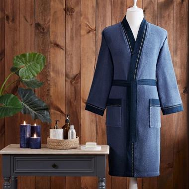 Özdilek Maskulen Oregon Lacivert Pamuk Kimono Bornoz XL Cepli Nakışlı