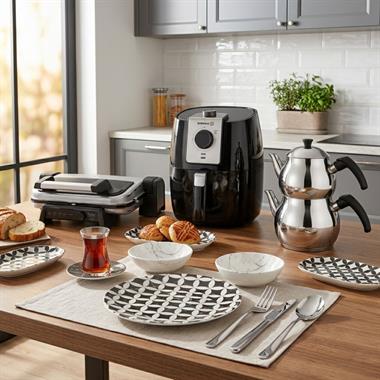 Pratik Kahvaltı Paketi – Korkmaz Airfryer, Tost Makinesi, Kahvaltı Takımı ve Çay Seti