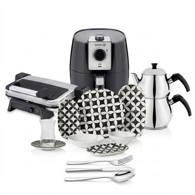 Pratik Kahvaltı Paketi – Korkmaz Airfryer, Tost Makinesi, Kahvaltı Takımı ve Çay Seti