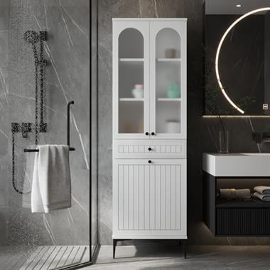 B-183 Bohem Cam Lake Kapaklı Çamaşır Sepetli Banyo Dolabı Beyaz 60x40x180 cm