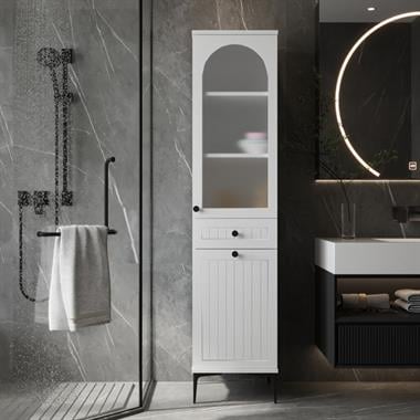 B-188 Bohem Cam Lake Kapaklı Çamaşır Sepetli Banyo Dolabı Beyaz