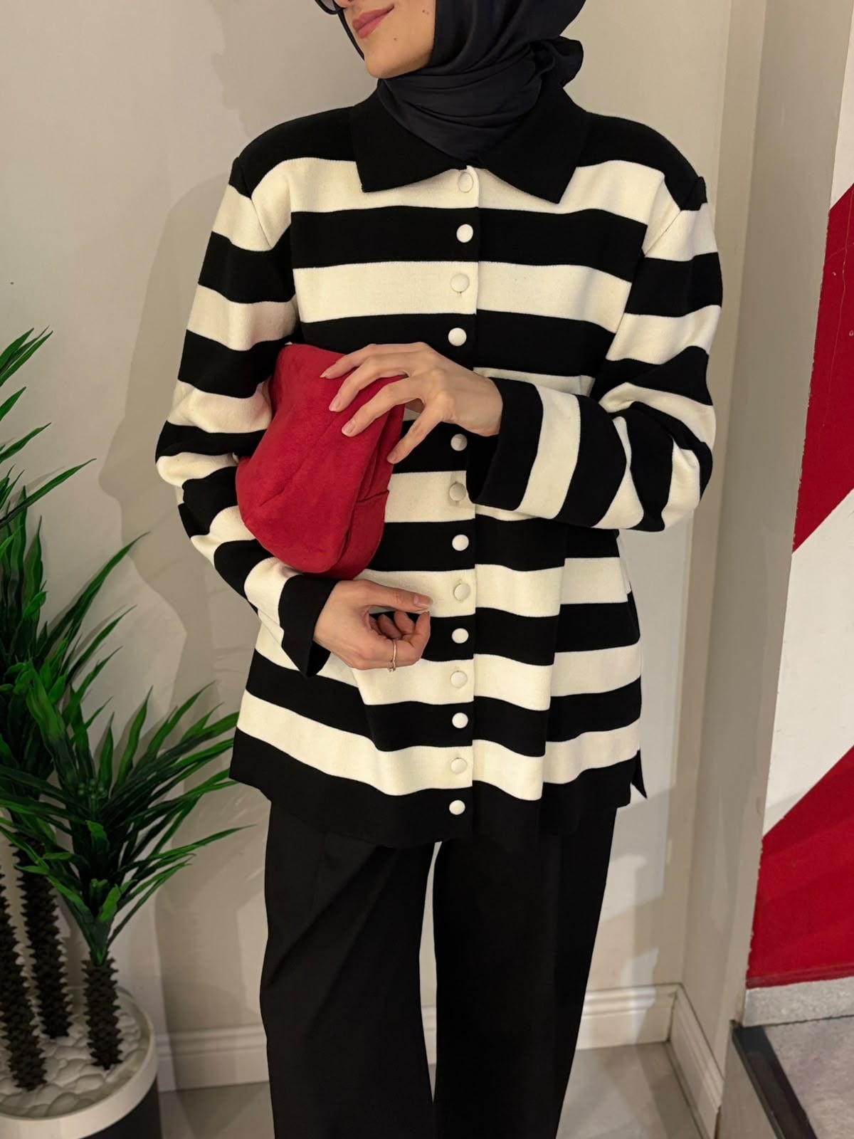 Hly Stripe Çizgili Vatkalı Hırka