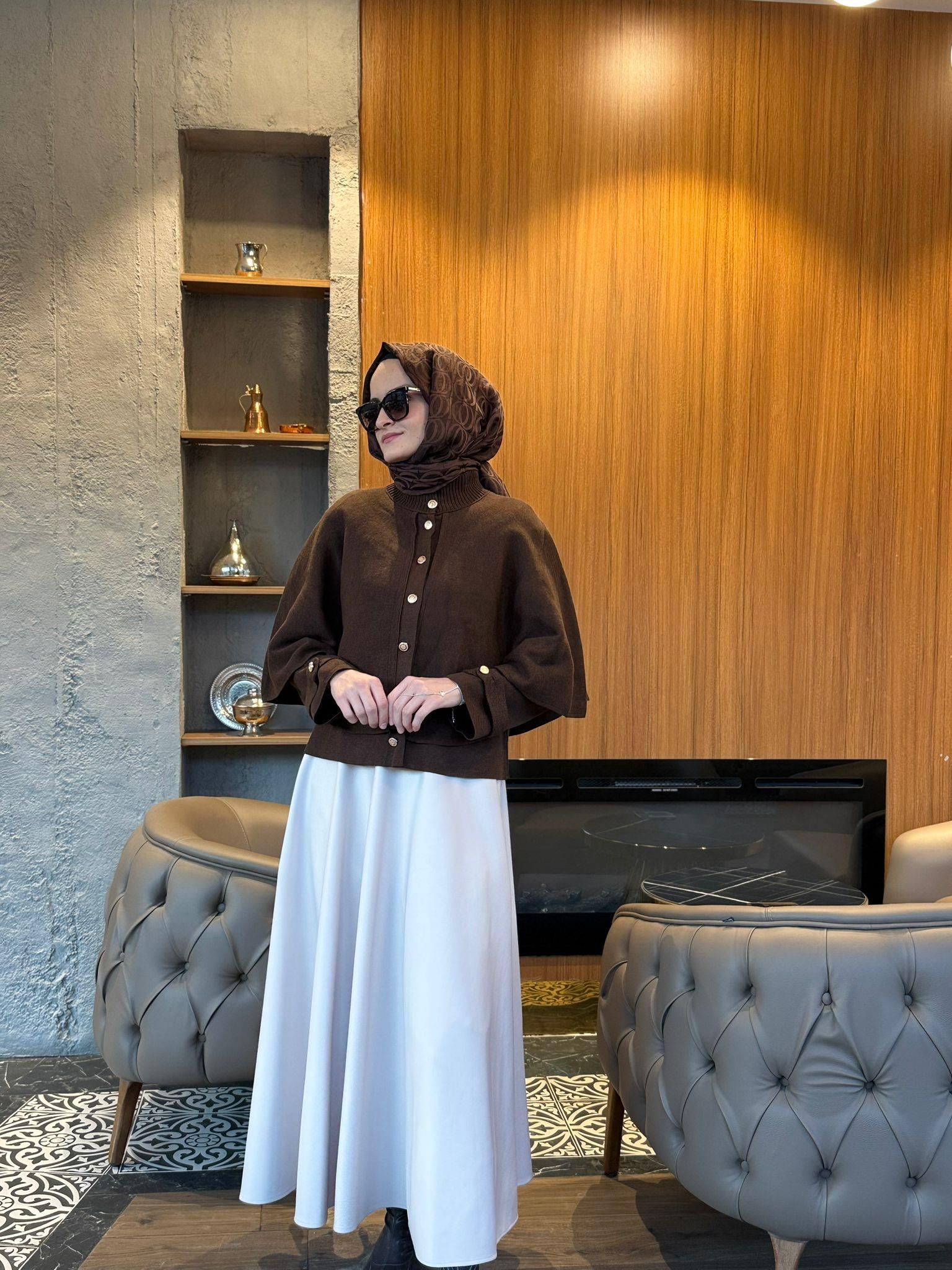 Daphne Pelerinli Çelik Triko Hırka - KAHVE