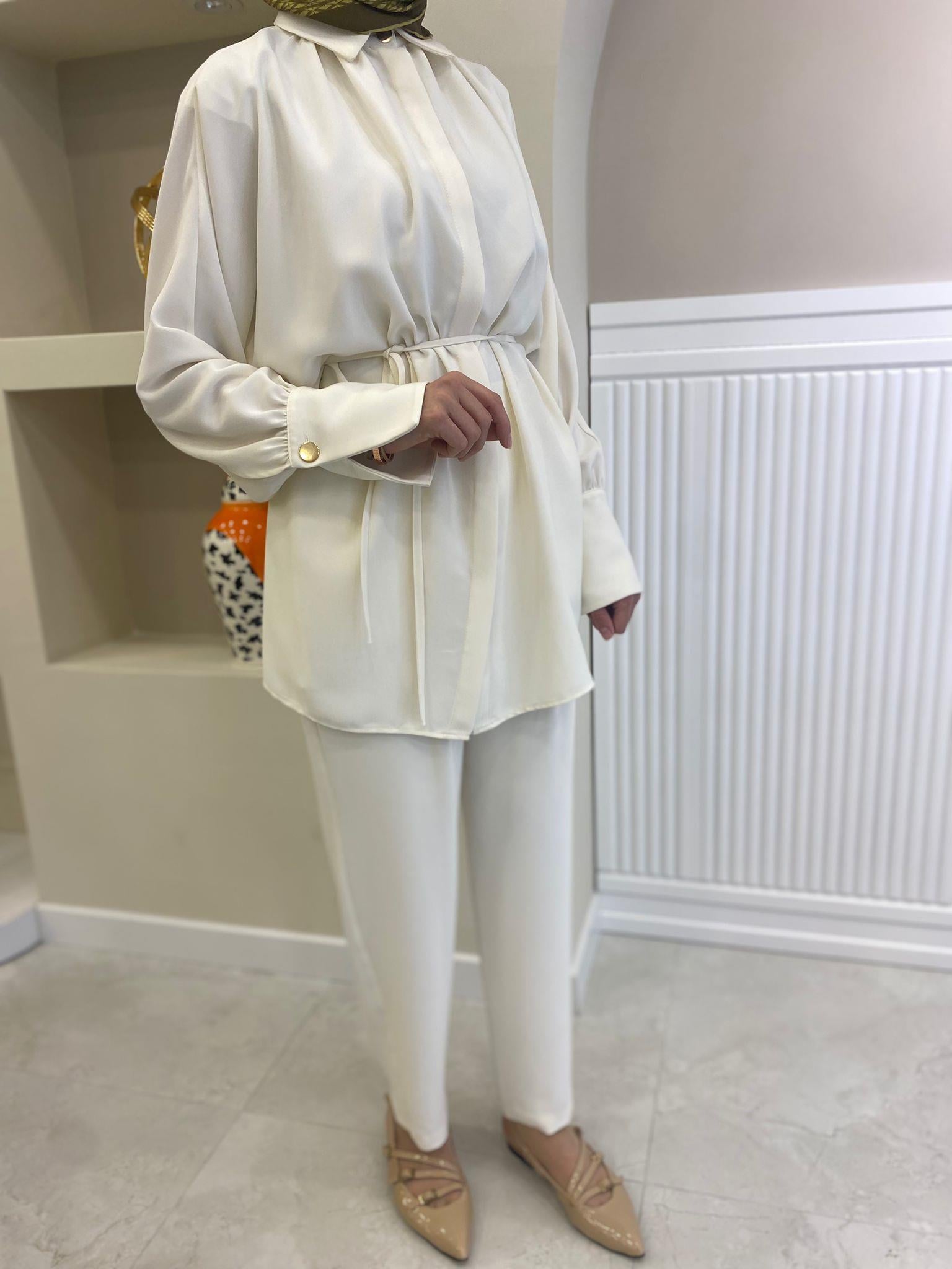 Merve Dağlı Geniş Manşetli Krep Tunik Pantolon Takım - EKRU