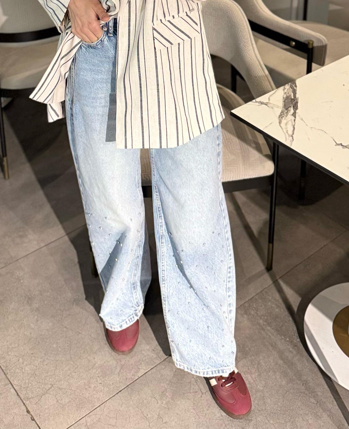 Moodbasic Güöüş İncili Palazzo Kot Pantolon - BUZ MAVİSİ