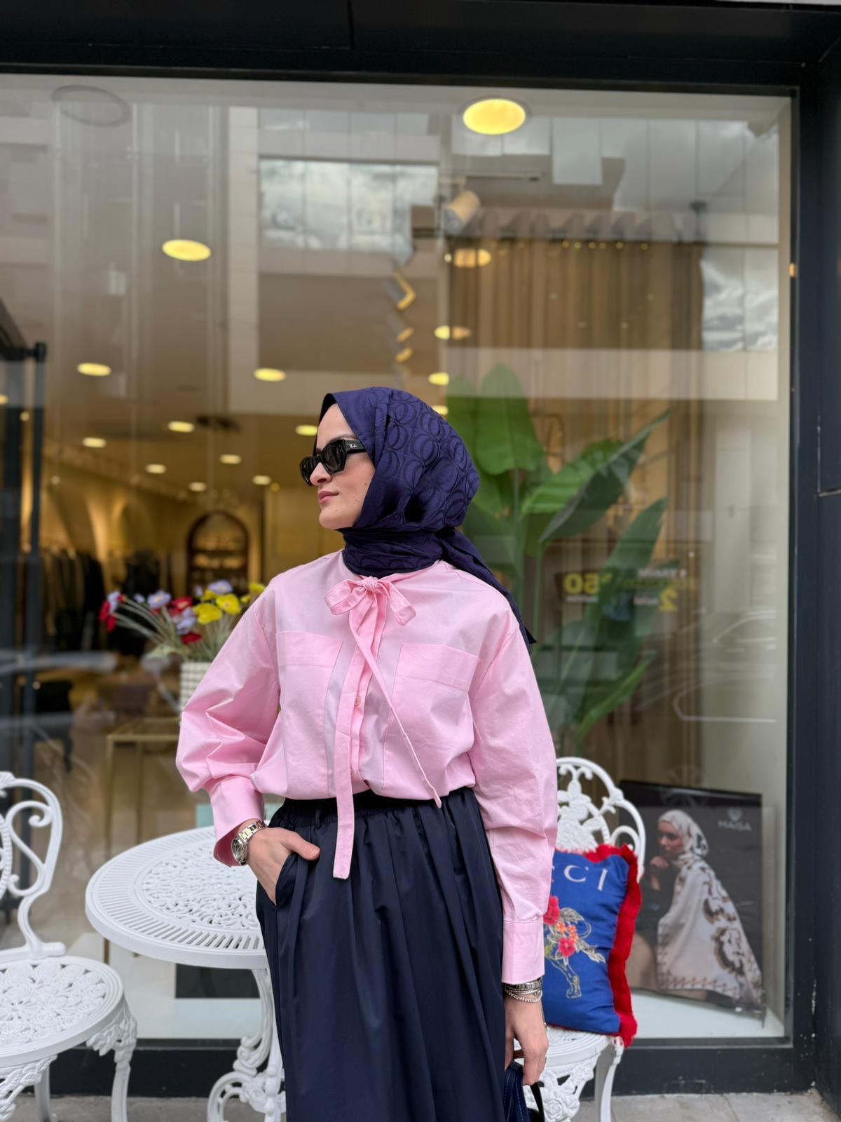 Oval Kesim Bağcıklı Gömlek - PEMBE