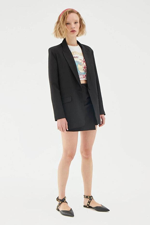 Quzu Kadın Siyah Oversize Blazer Ceket - SİYAH
