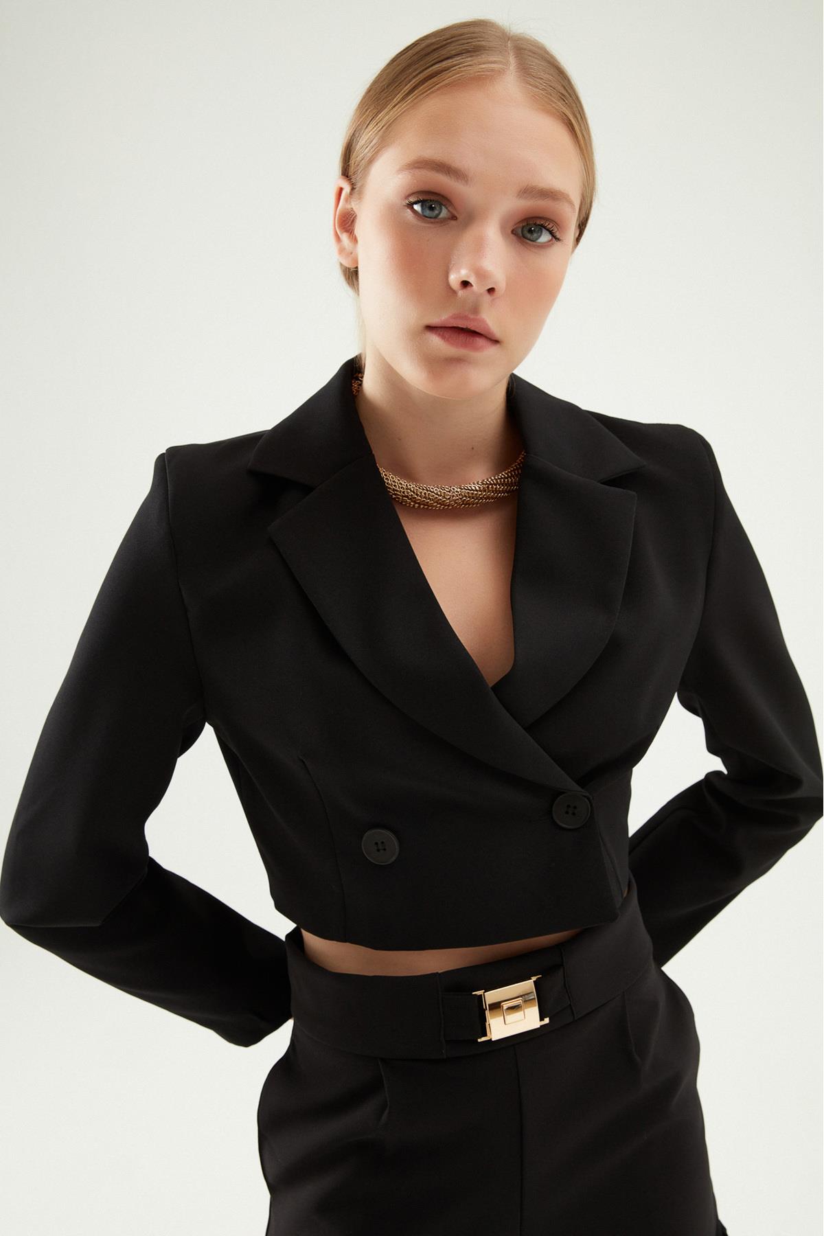 Quzu Kruvaze Crop Blazer Ceket Siyah - SİYAH