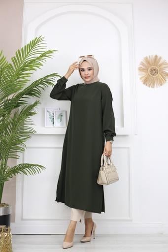 7065 Kolları Nevrüllü Haki Tunik