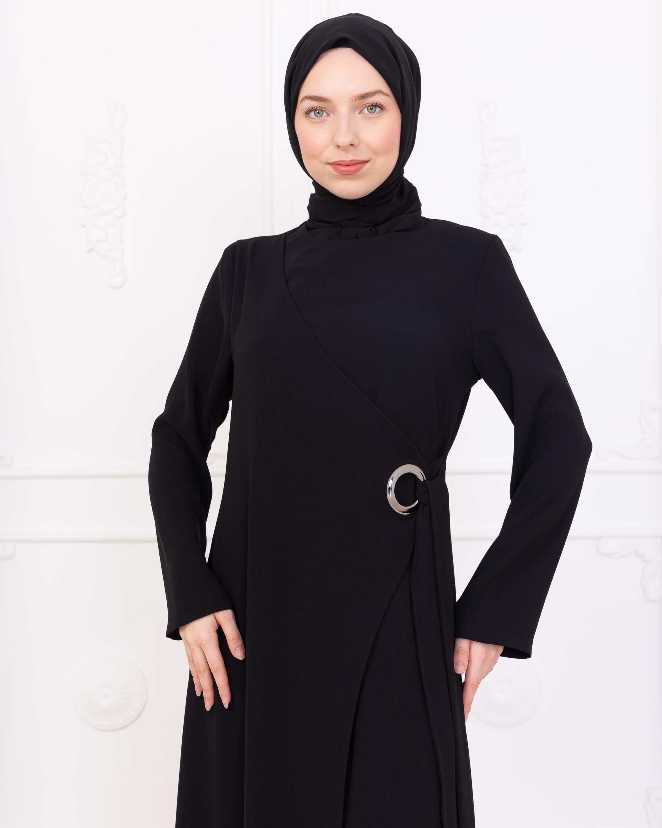 7102 YANDAN BAĞLAMALI KREP ELBİSE SİYAH