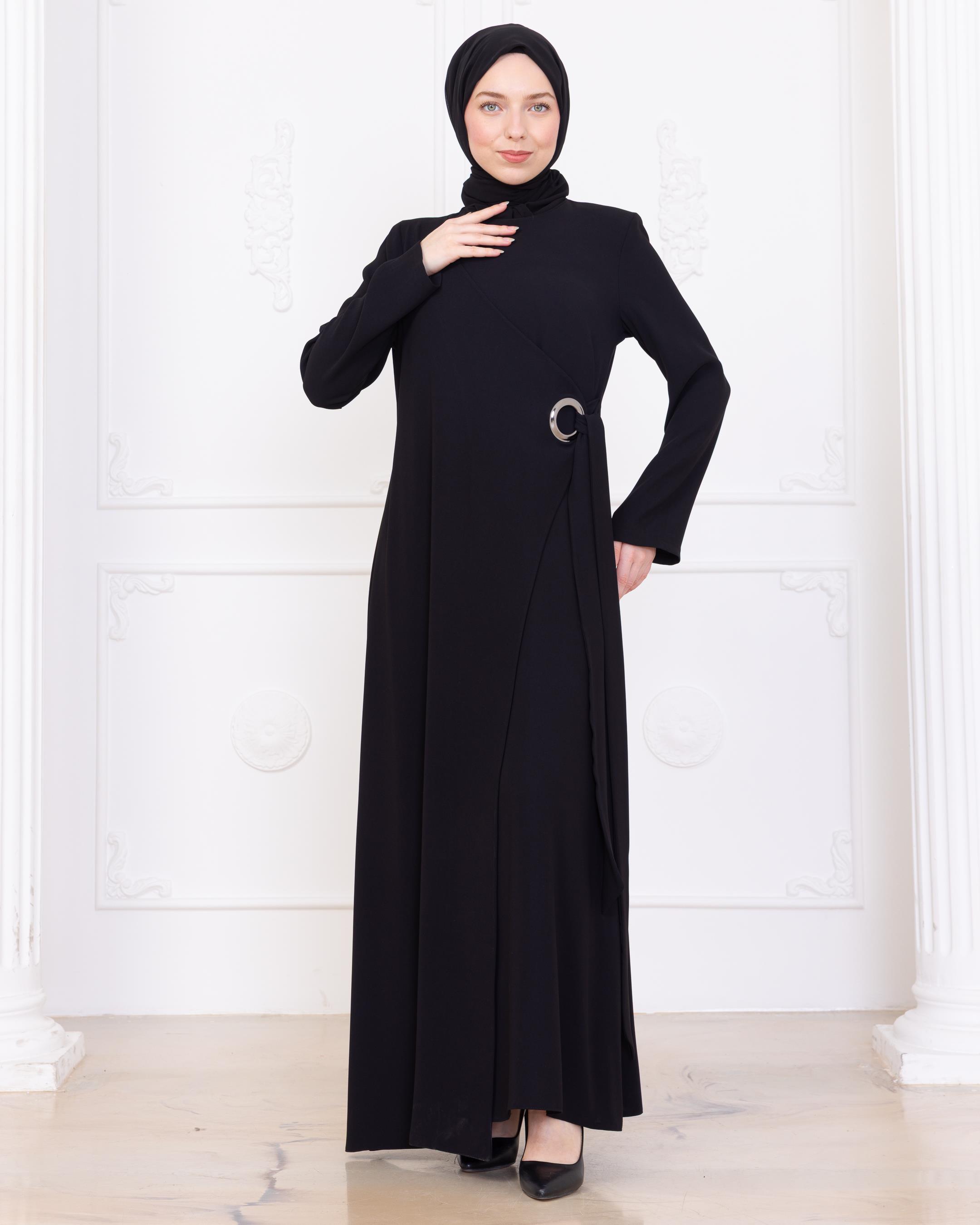 7102 YANDAN BAĞLAMALI KREP ELBİSE SİYAH