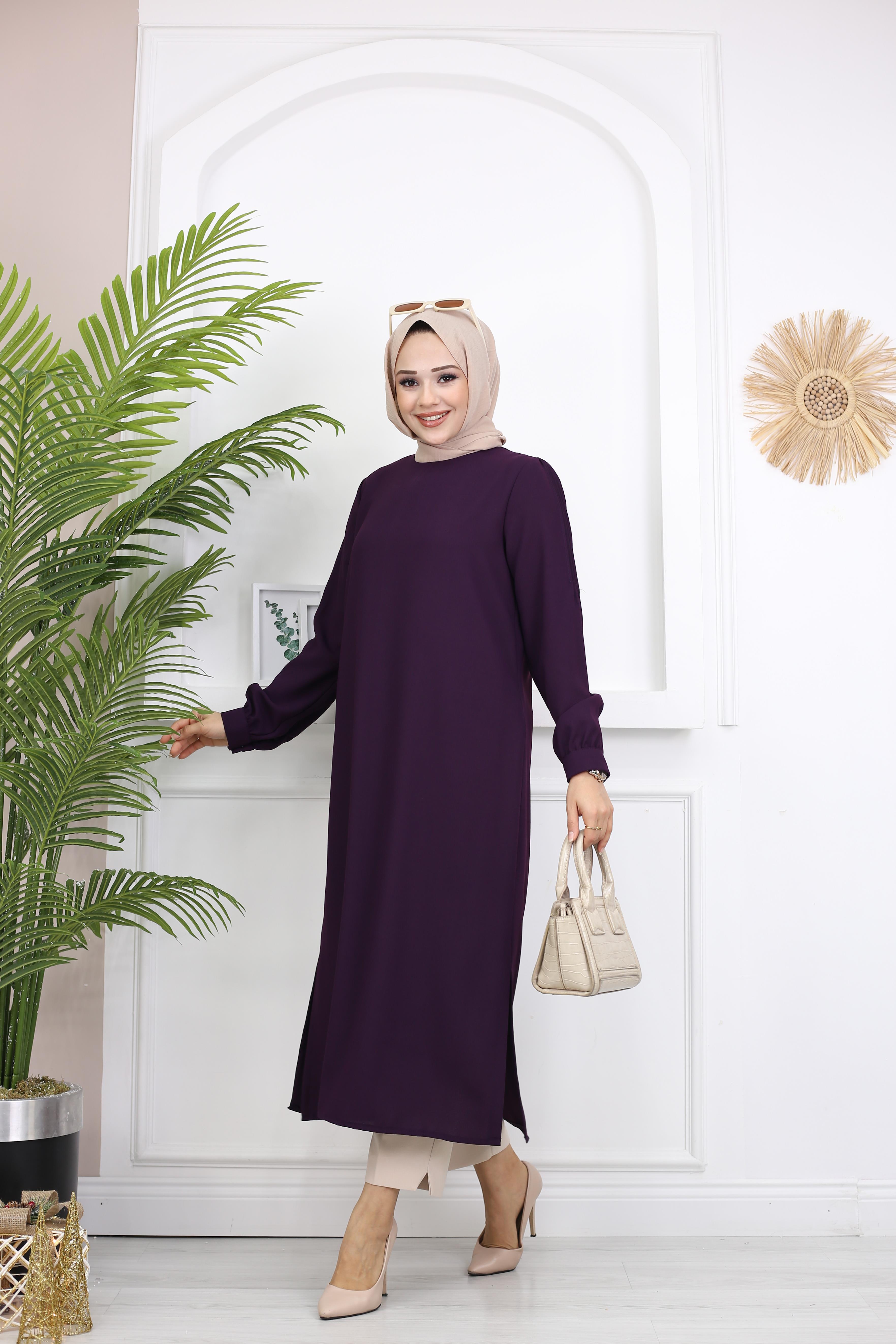 Kolları Nevrüllü Krep Mor Aydan Tunik