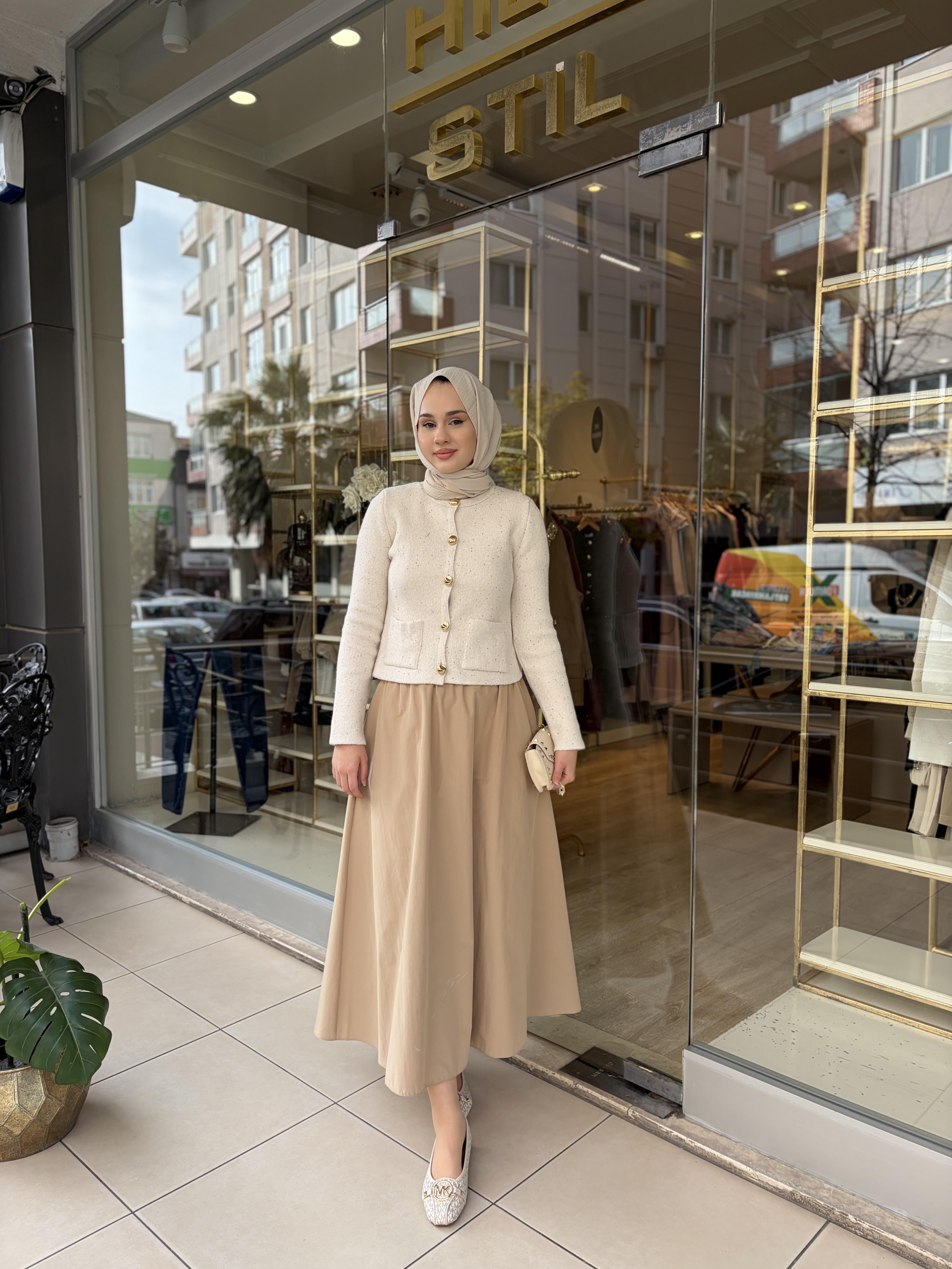 LASTİKLİ GABARDİN ETEK CAMEL