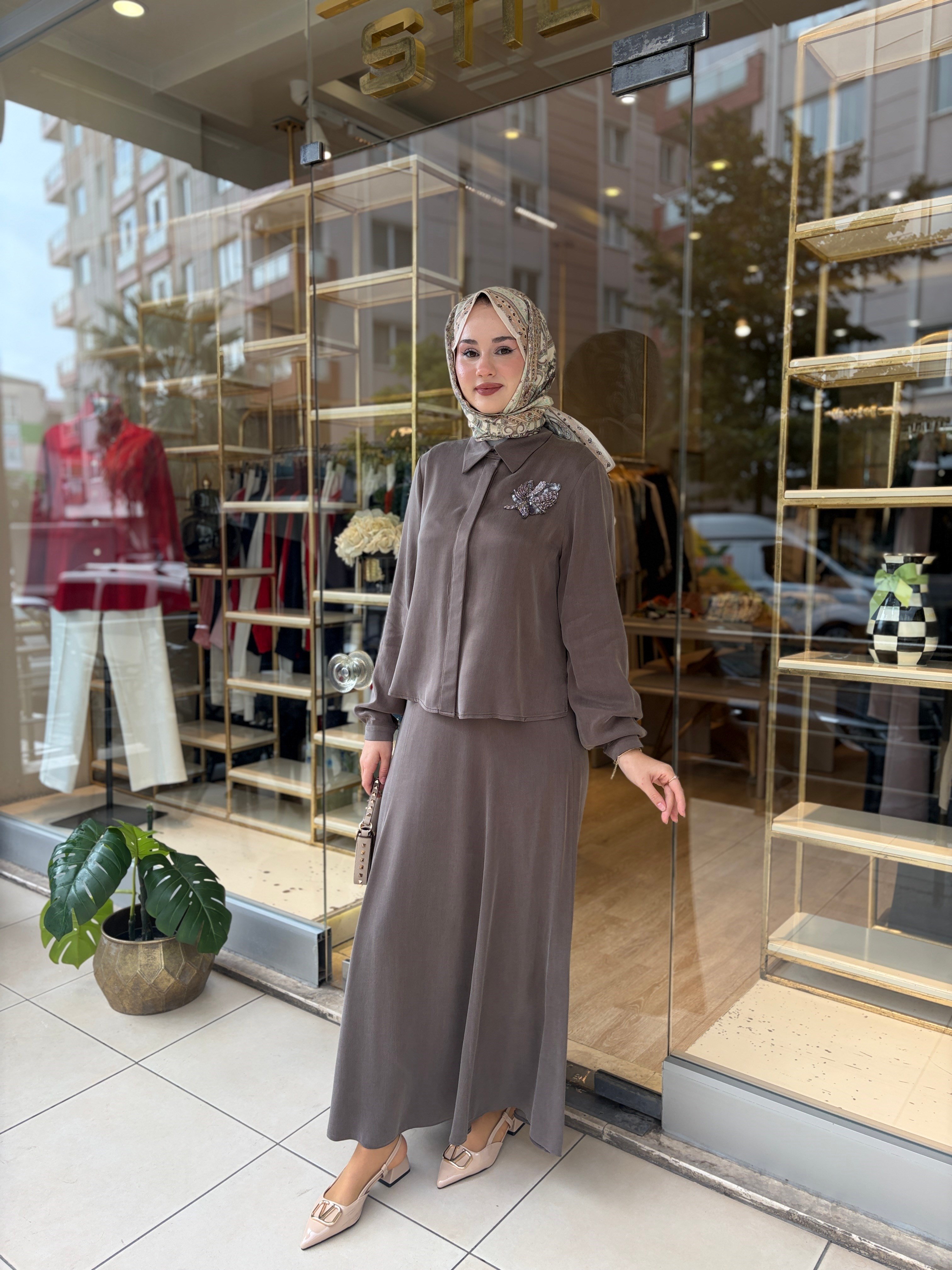 NUSS 1084 YAPRAK İŞLEMELİ İPEL QUPRA  ETEKLİ TAKIM VİZON