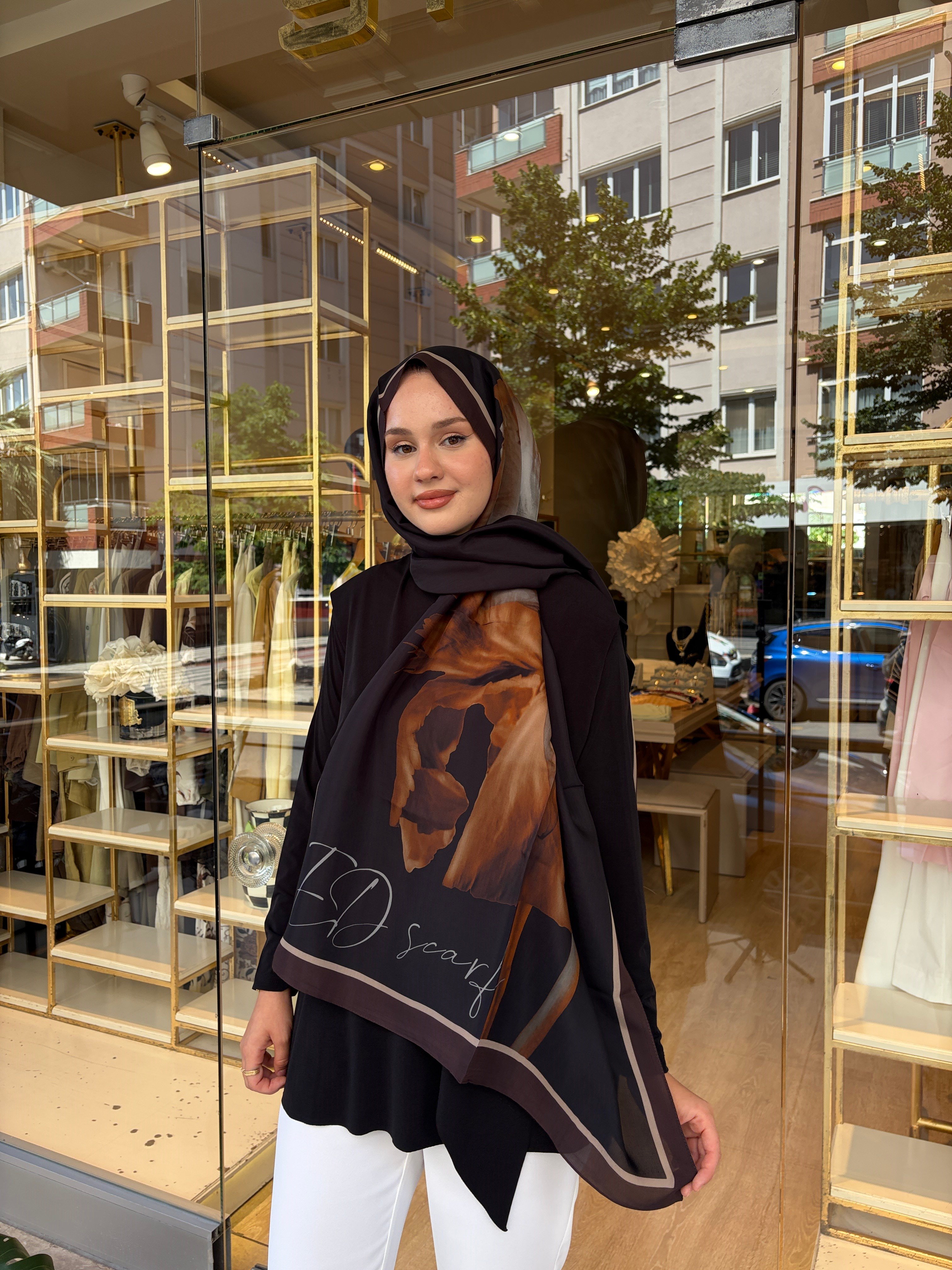 Süsen Desen Floş Şal - Acı Kahve