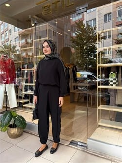 NUSS 1071 PİLE DETAY PANTOLONLU TAKIM SİYAH