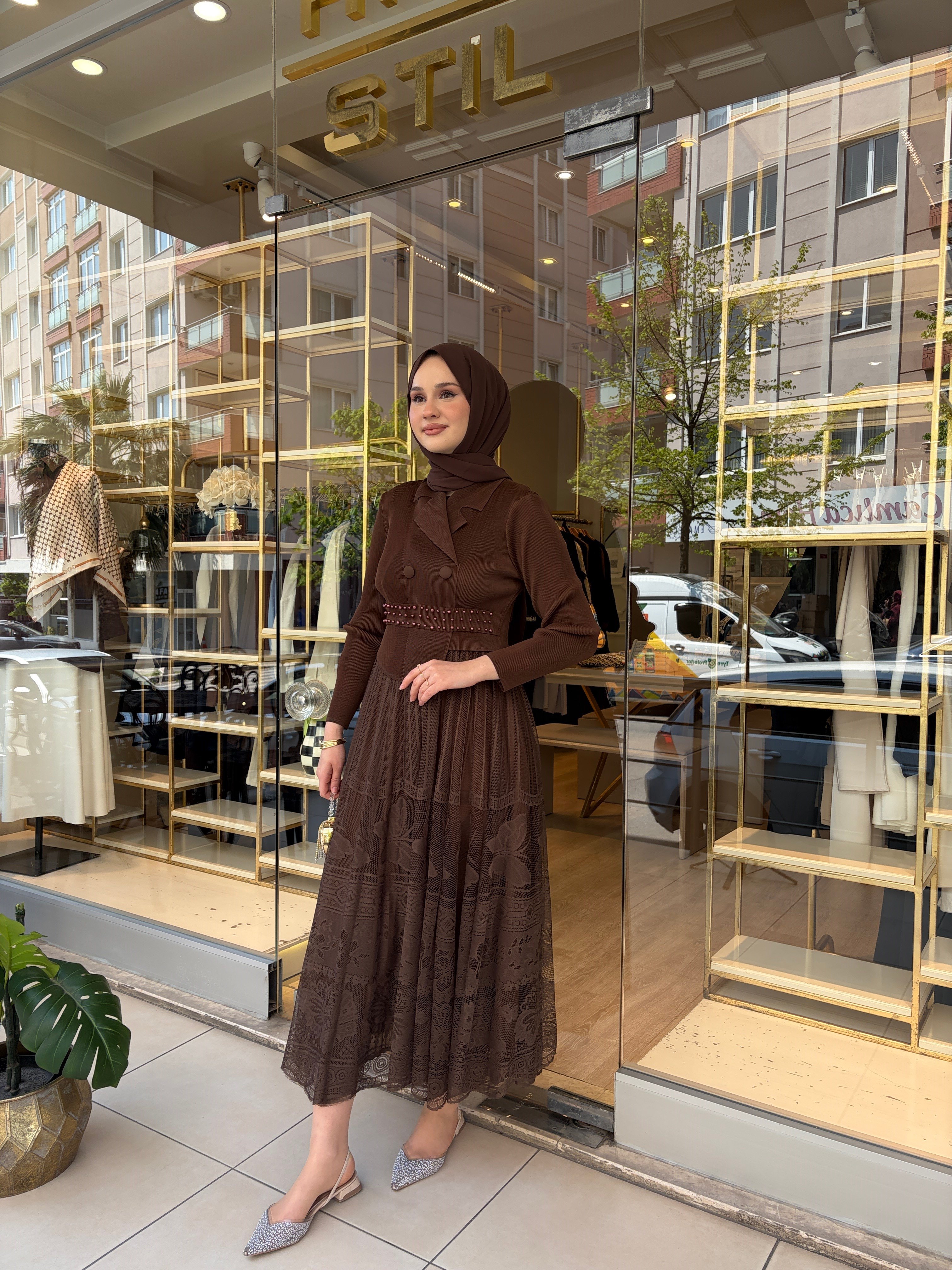 ALTI DANTELLİ CEKET ELBİSE KAHVERENGİ