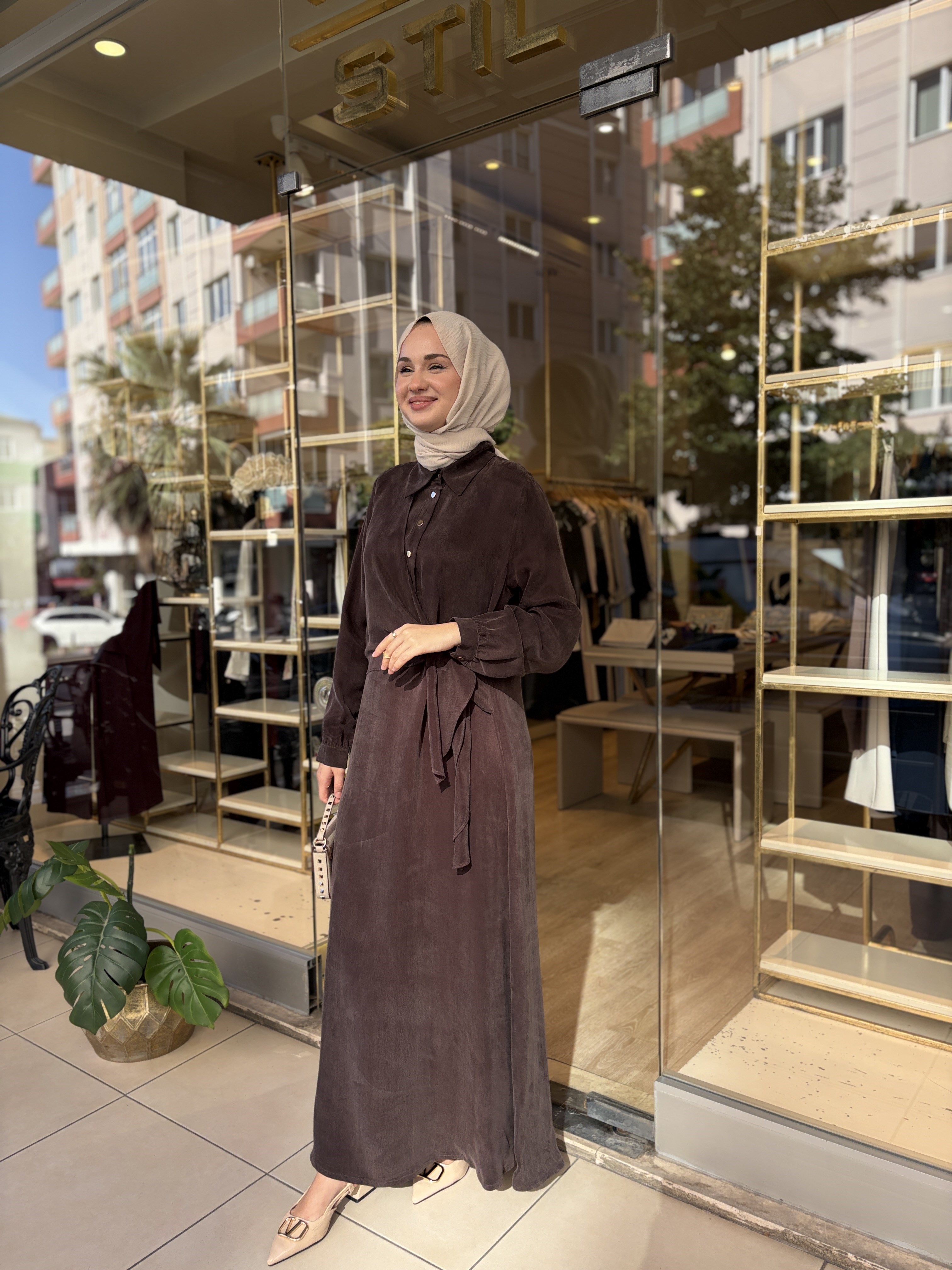 NUSS BAMBU ELBİSE KAHVE 