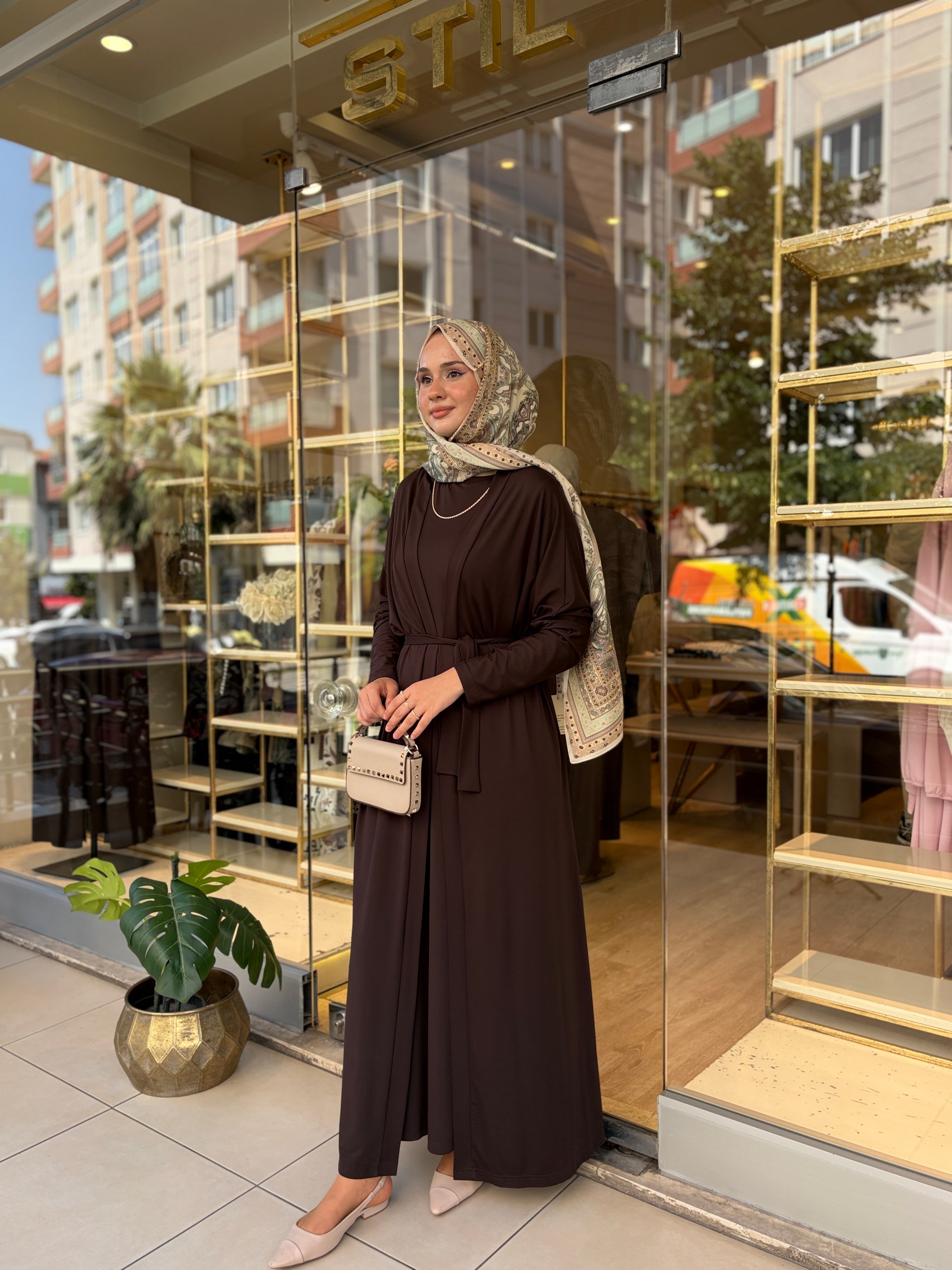 VİADEL ABAYA ELBİSELİ OYŞO TAKIM KAHVE