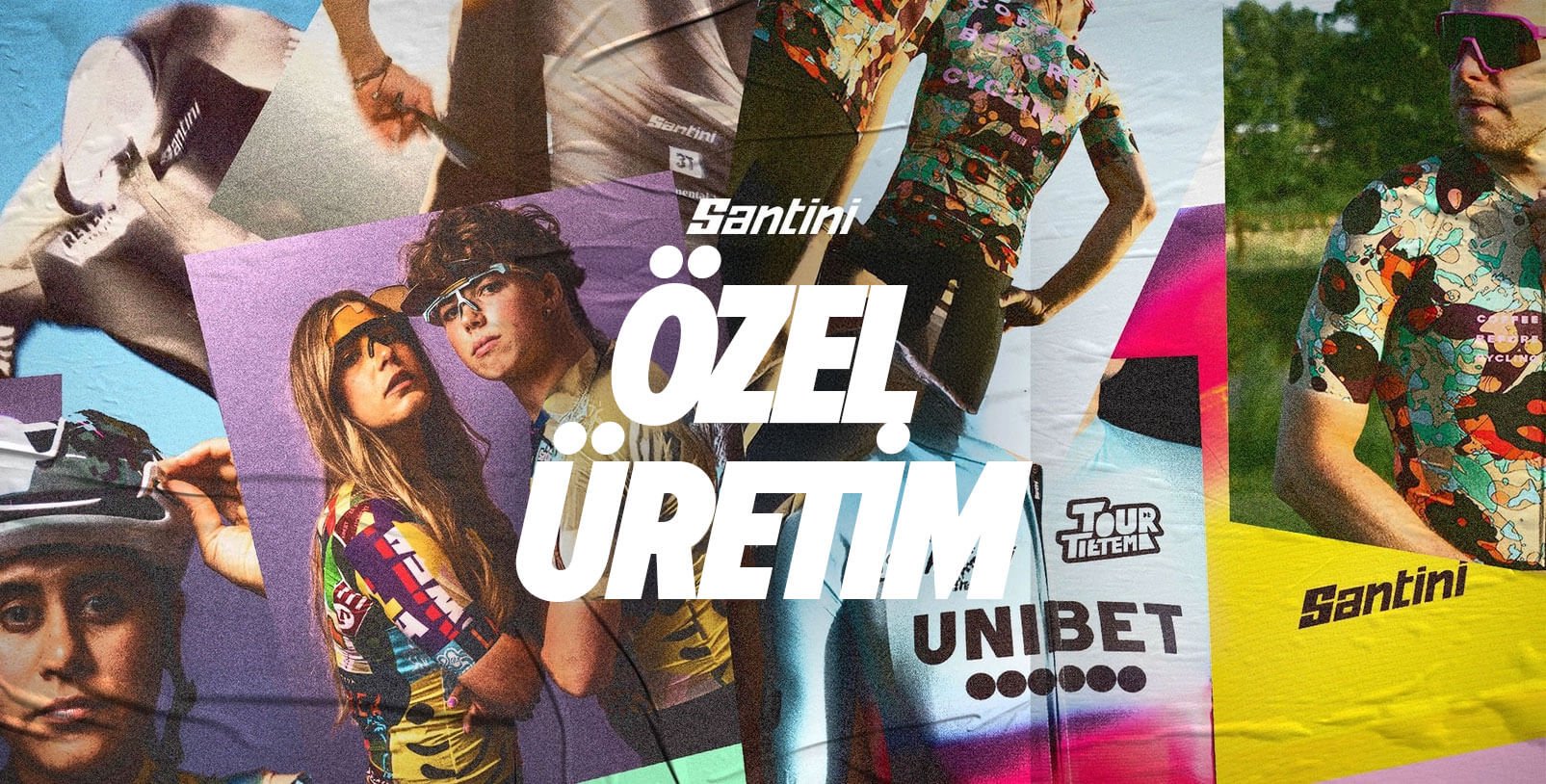 Renkli özel formalar giyen bisikletçilerin kolajı