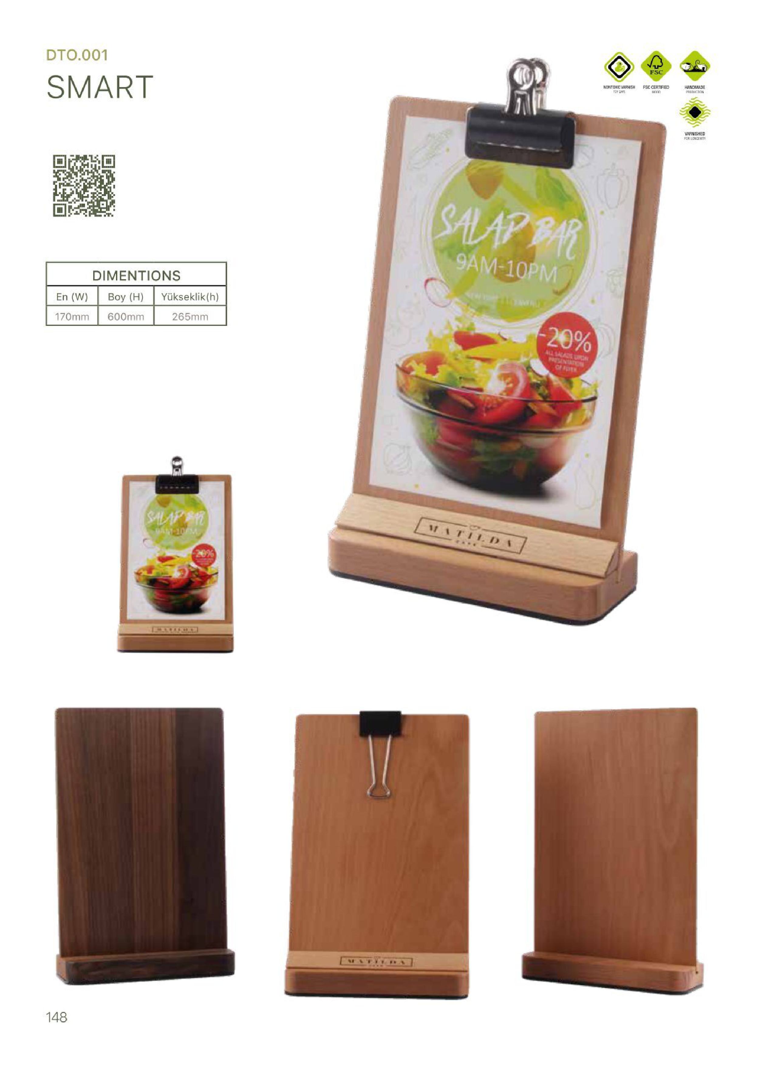 wooden menu stand, Smart announcement holder, restaurant tabletop display, handcrafted sign holder, natural wood signage stand, elegant display tray, rustic info holder, tabletop menu board, wooden flyer stand, minimal wood sign display, cafe menu tray