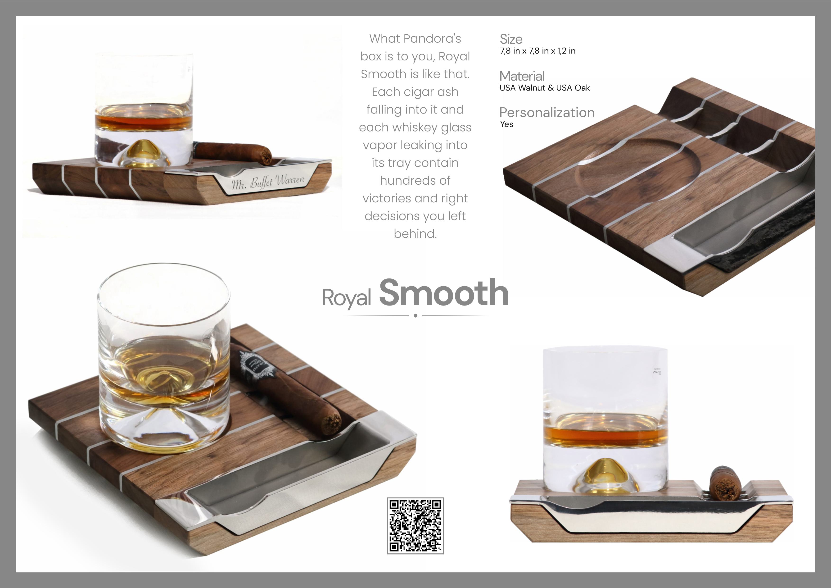 Smooth Model whiskey and cigar set, Royal Series sleek serving set, handcrafted wooden bar ensemble, luxurious whiskey presentation, elegant cigar accessories, modern bar set, premium wooden serving collection