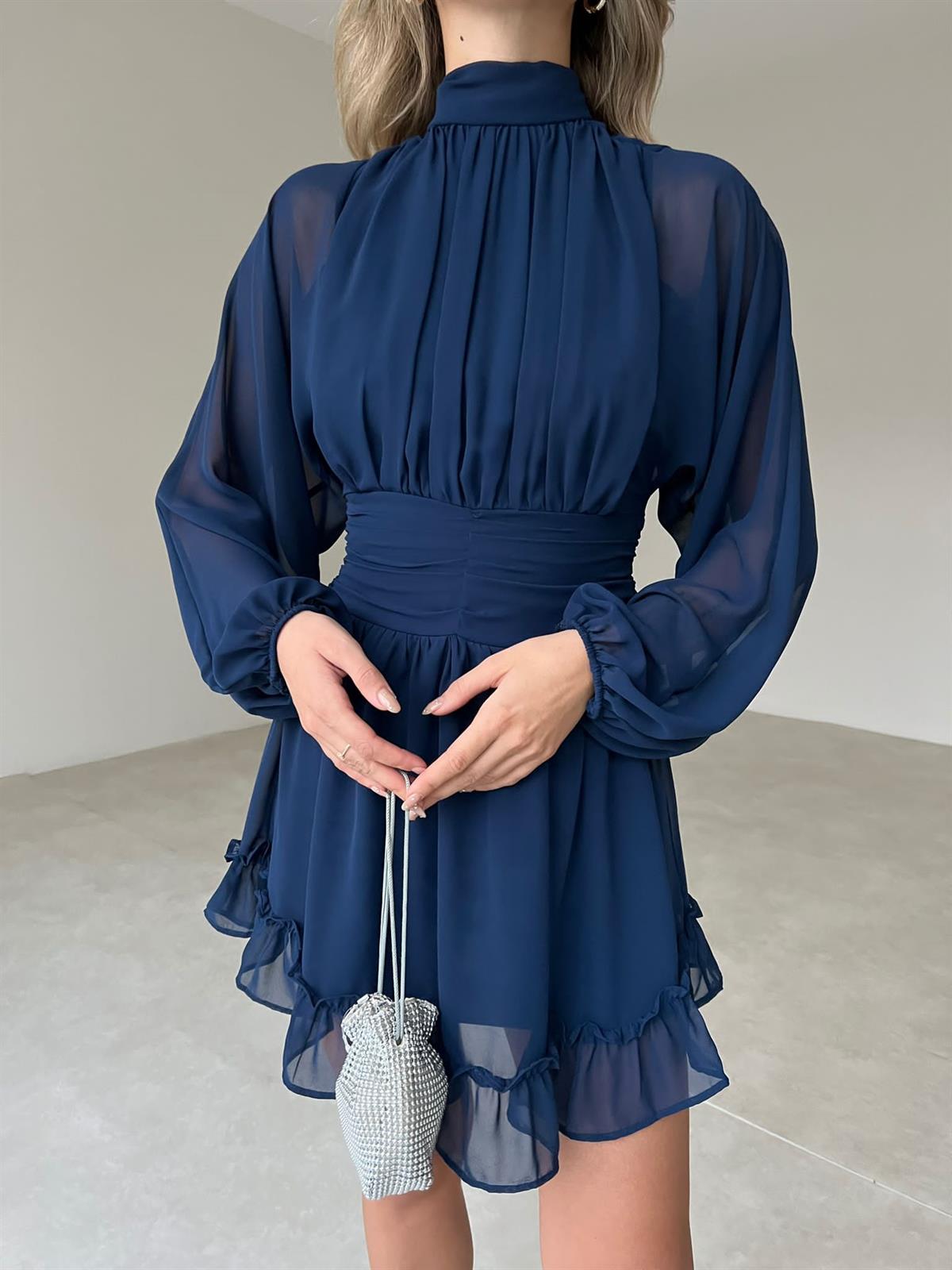 Dik Yakalı Şifon Lacivert Elbise