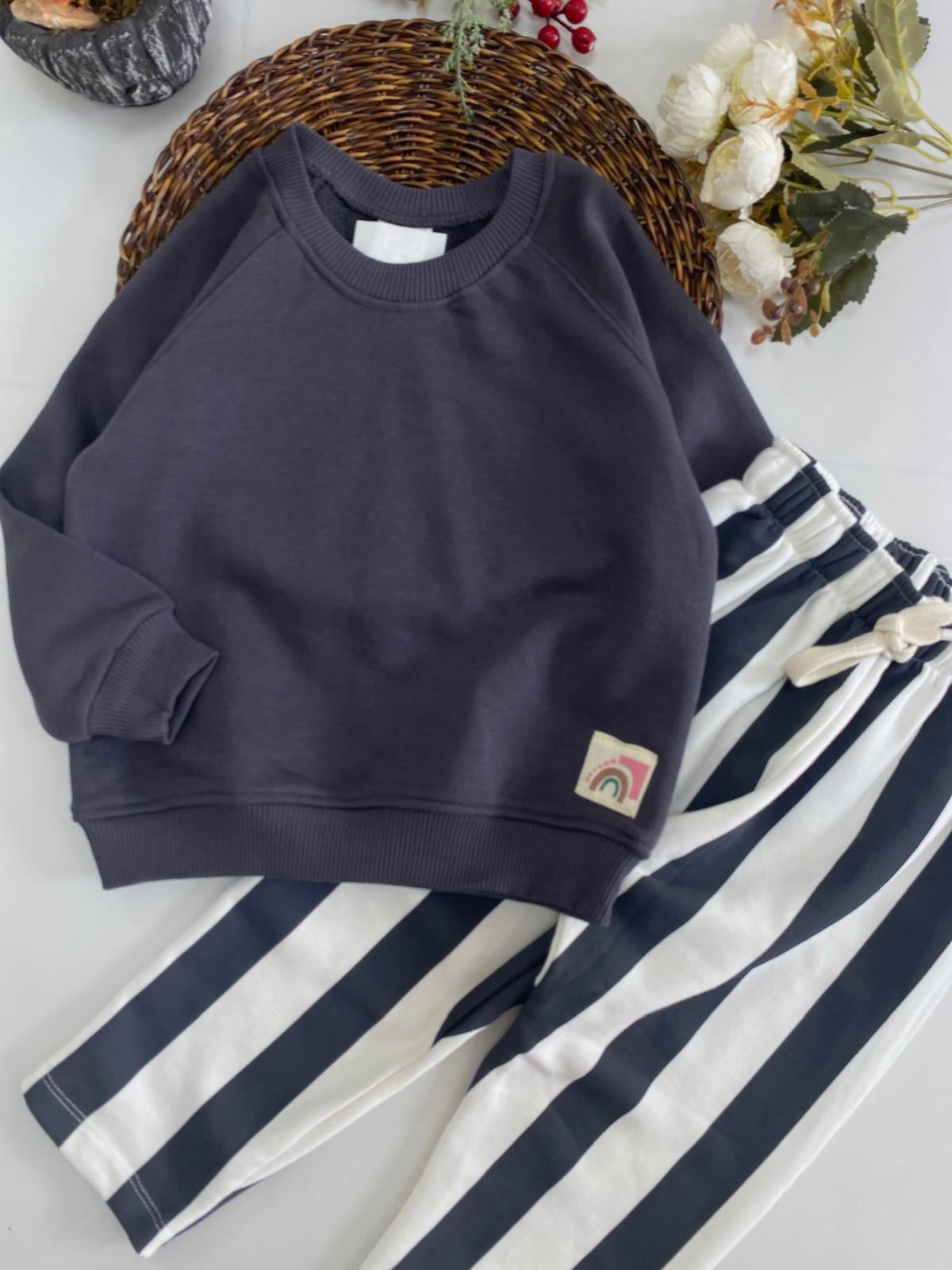 Basic Çizgili 3 İplik İkili Takım Antrasit  (2-8Yaş)