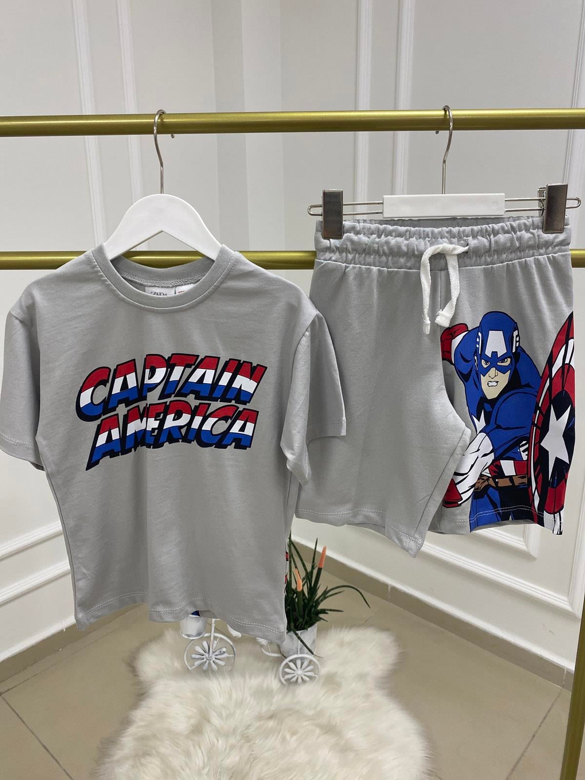 Captaın America Marvel Şortlu Sırt Baskılı Erkek Çocuk Pamuklu İkili Takım Gri (2-8 Yaş)