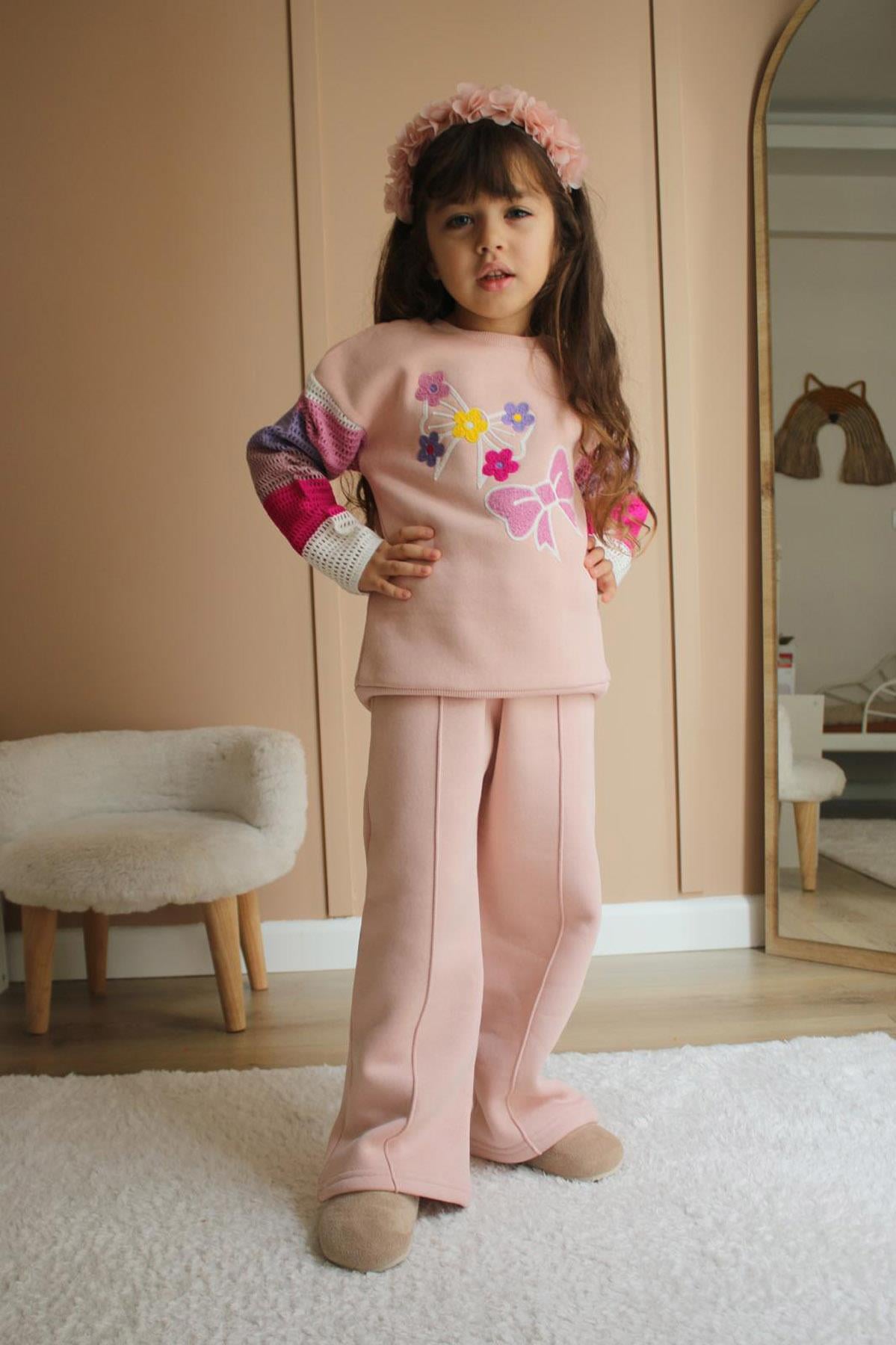 Çiçek Örme Detay Kız Çocuk Şardonlu İkili Takım Pembe (3-10 Yaş)