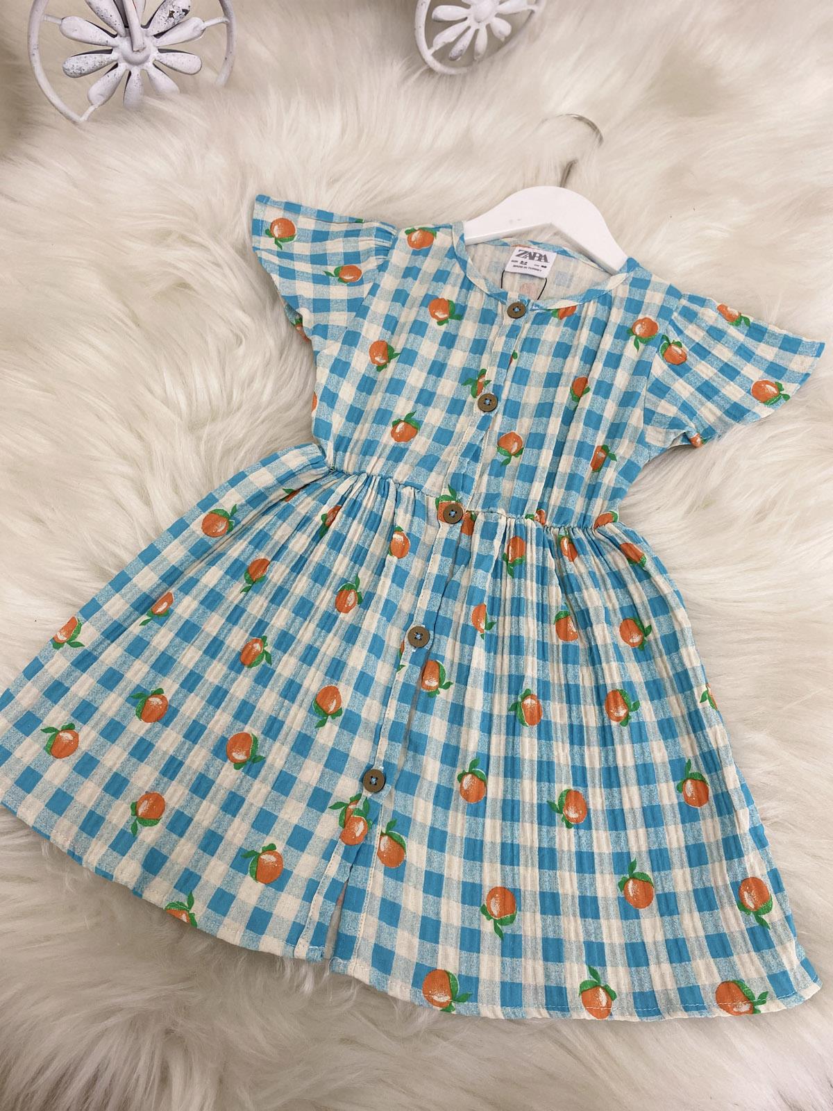 Fruit Dress Düğmeli Kız Çocuk Pamuklu Elbise Mavi (2-8 Yaş)