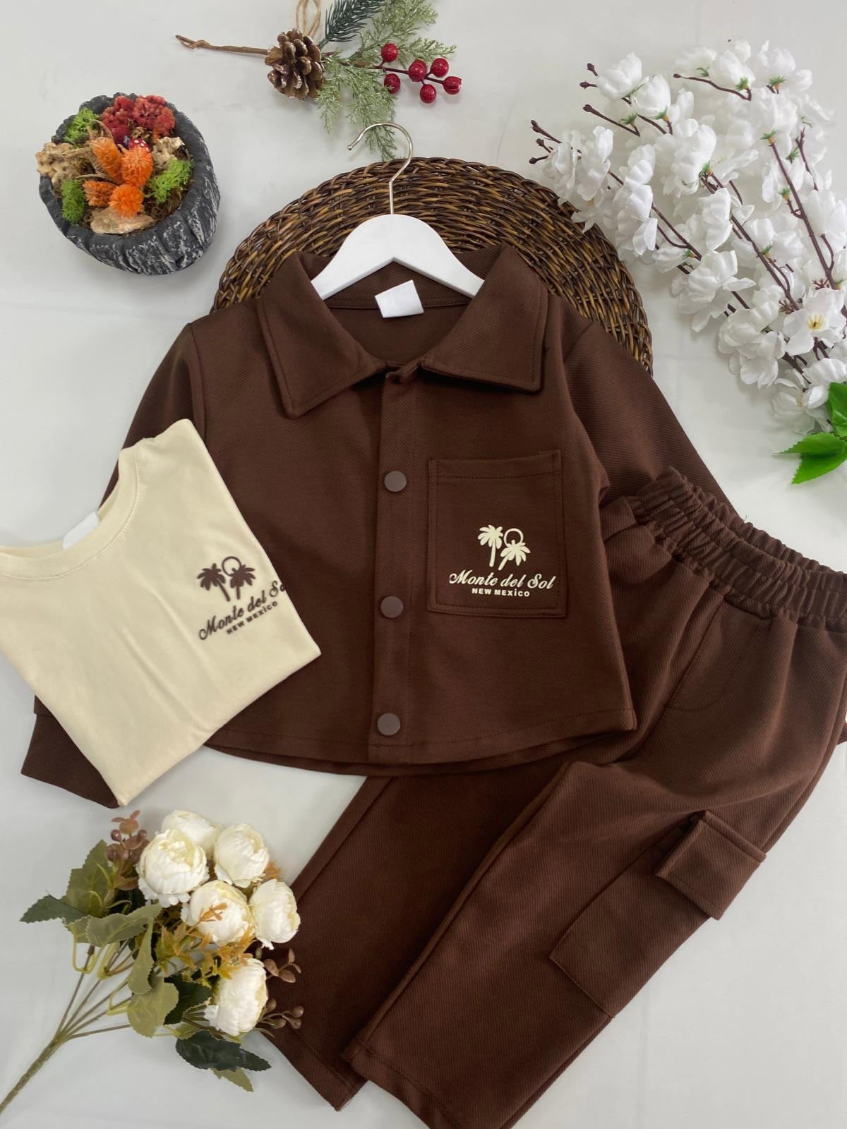 Gabardin Palmiye Ceket Pantolon 3lü Takım Kahve (3-10Yaş)