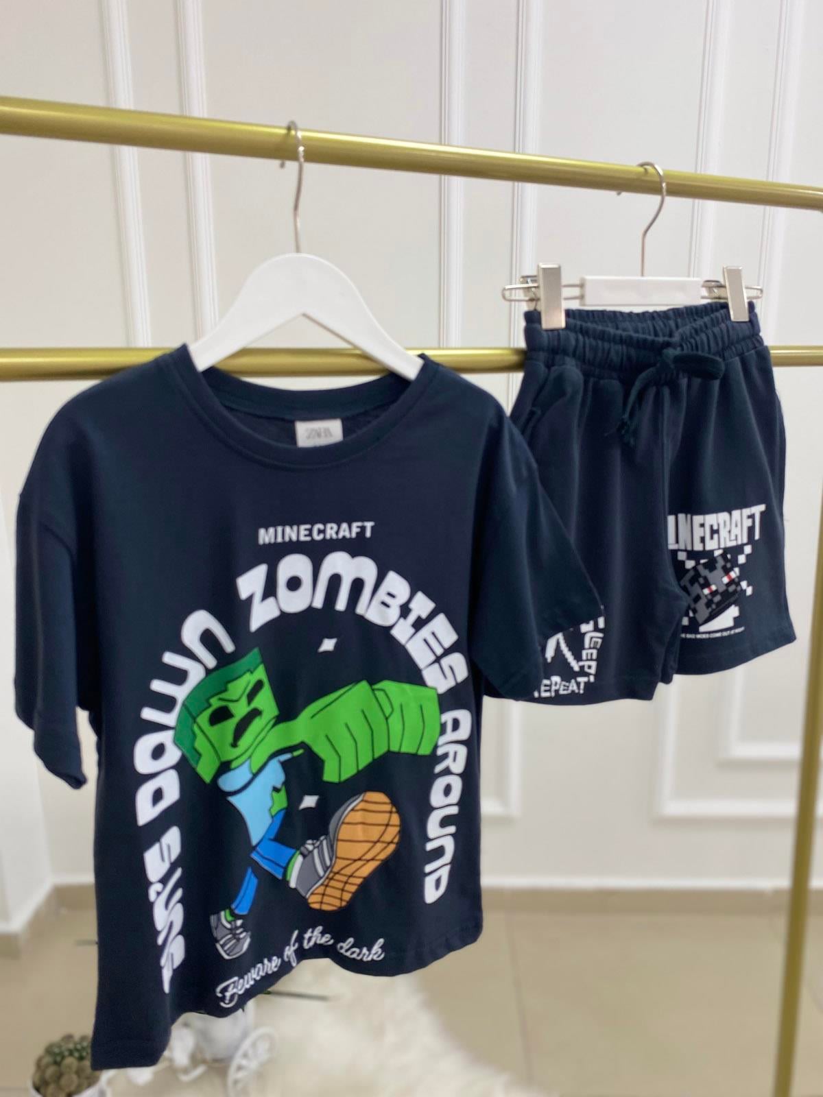 Kısa Kol Minecraft Zombie Şortlu Erkek Çocuk Pamuklu İkili Takım Antrasit (3-10 Yaş)