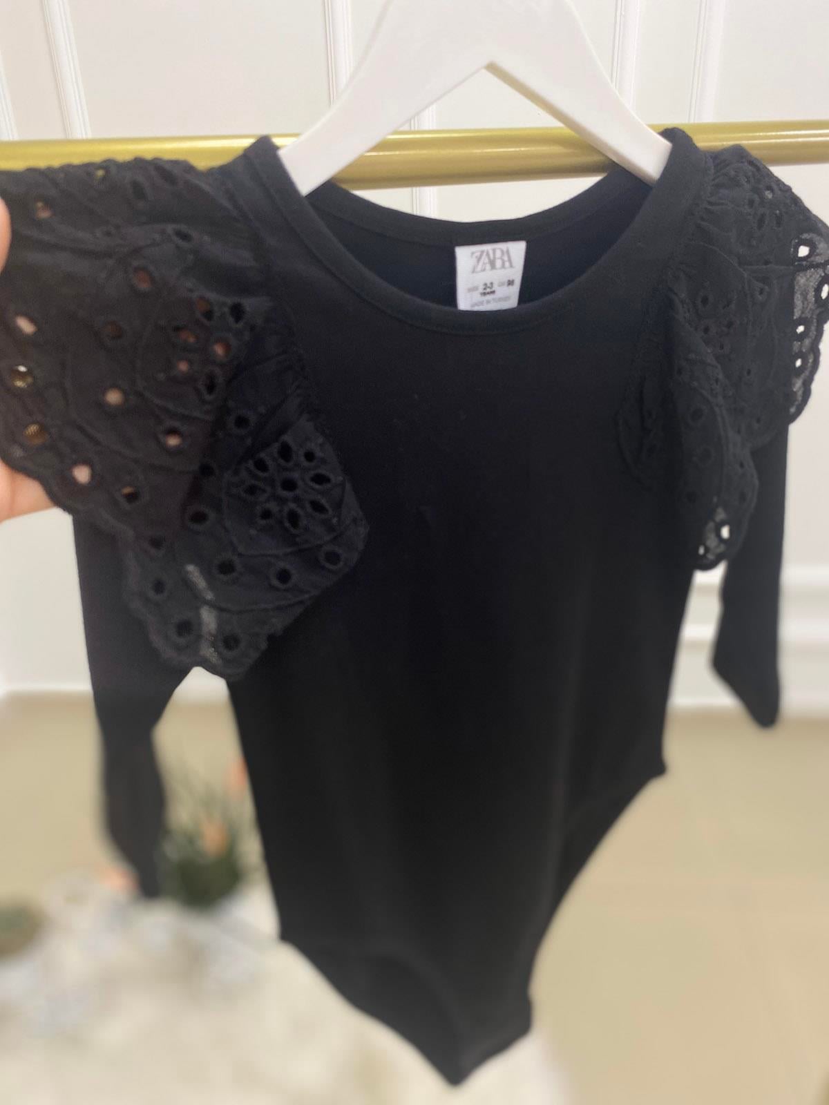Kol Güpürlü Kız Çocuk  Pamuklu ÇıtÇıtlı Body Siyah (2-12 Yaş)