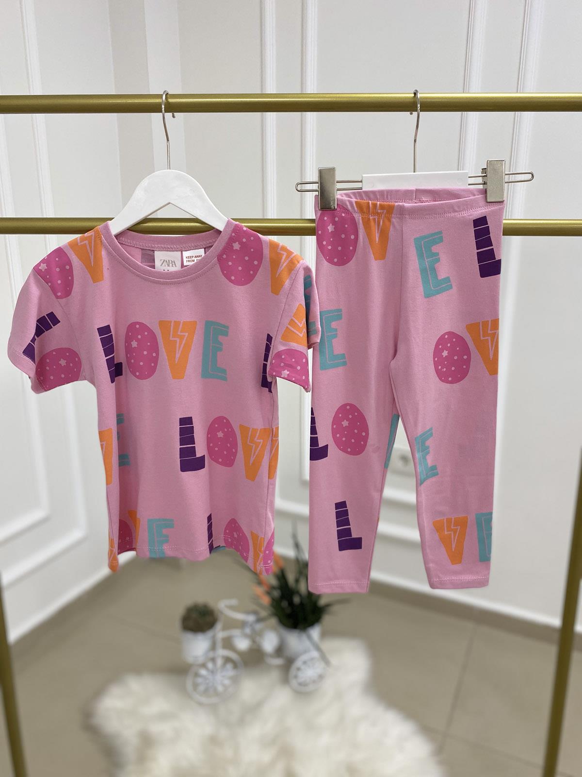 LOVE yazılı Kısa Kol Kız Çocuk Pamuklu İkili Takım Pembe (2-8 Yaş)
