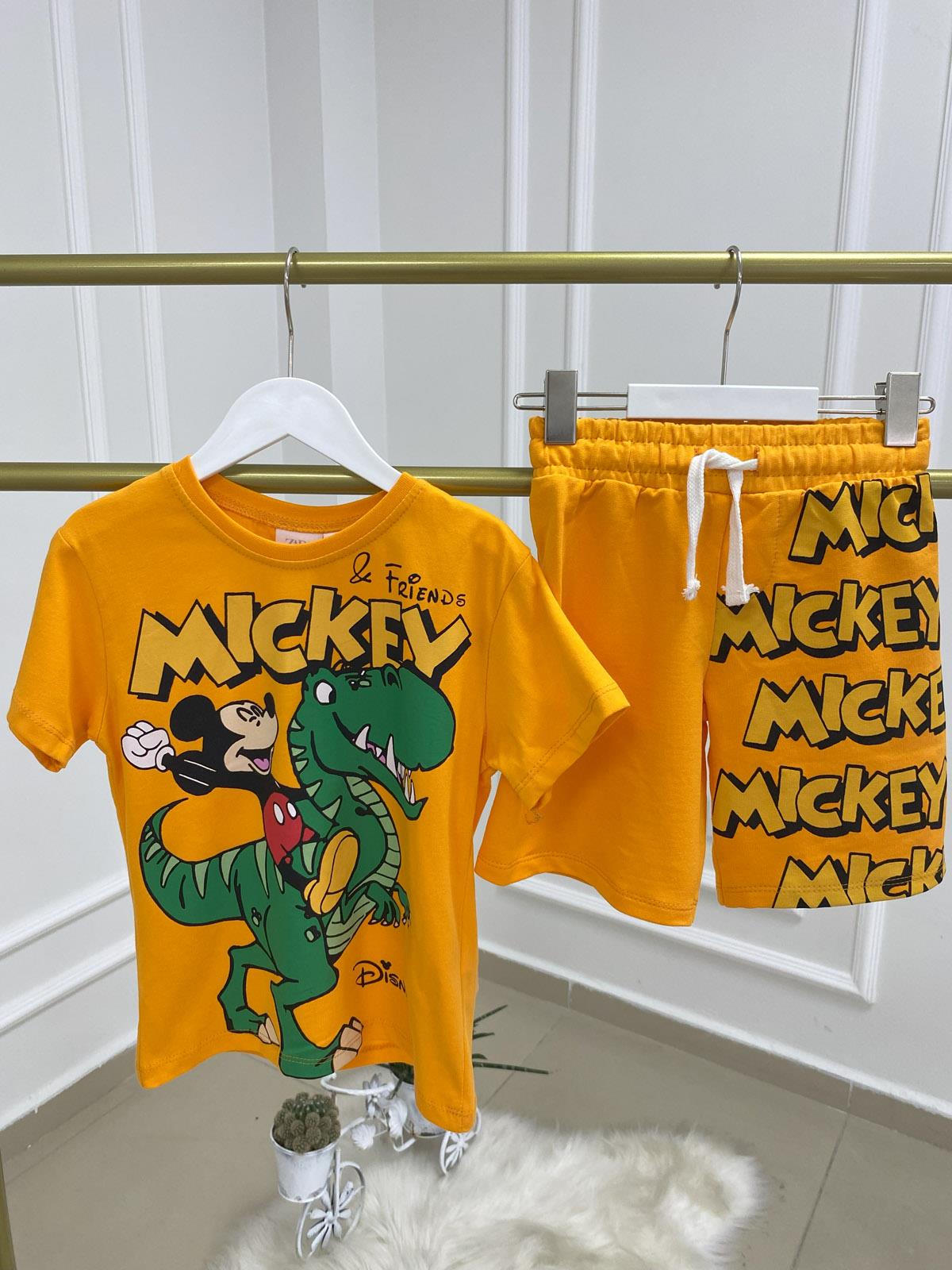 Mickey ve Dinozor Şortlu Erkek Çocuk Pamuklu İkili Takım Turuncu (2-8 Yaş)