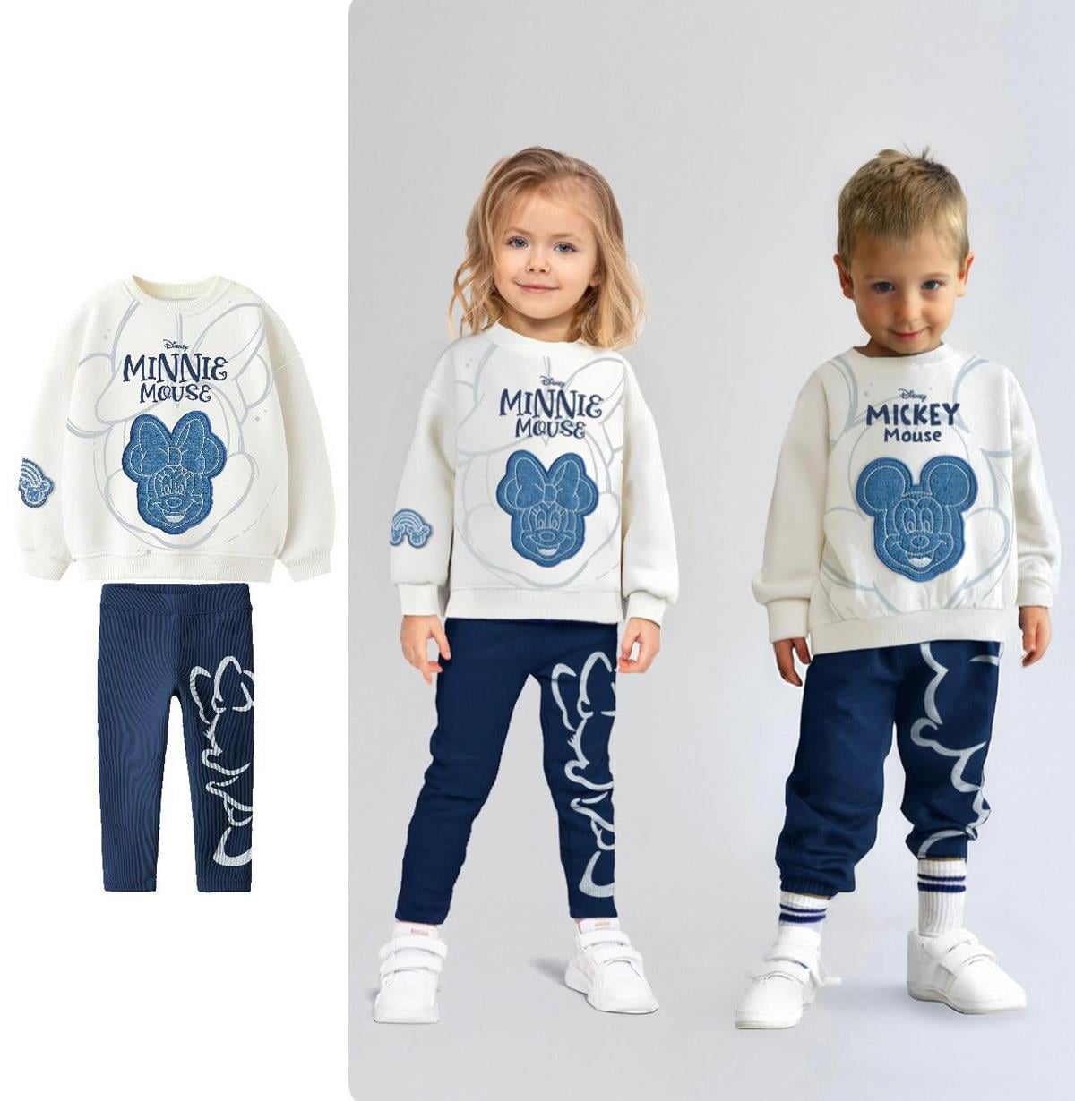 Minnie Kabartma Taytlı Kız Çocuk Pamuklu İkili Takım Lacivert (2-8 Yaş)