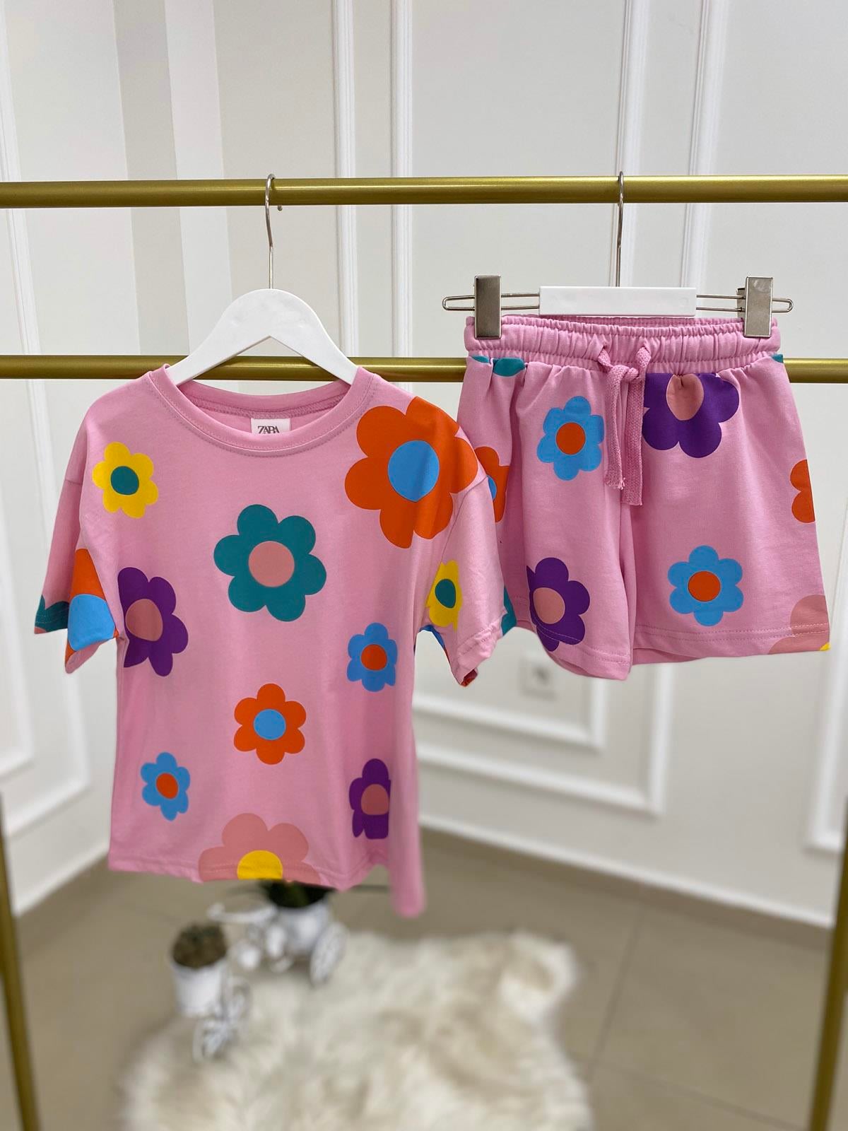 Papatya Baskı Şortlu Kız Çocuk Pamuklu İkili Takım Pembe (3-10 Yaş)