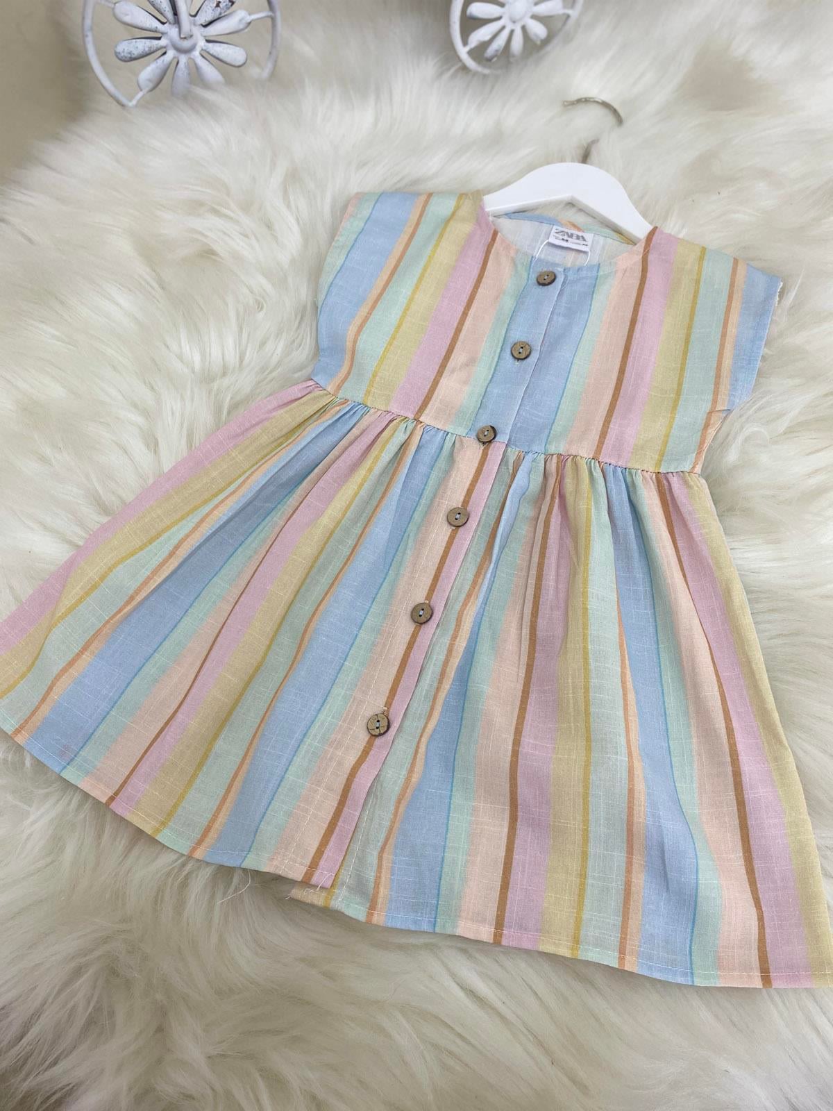 Rainbow Düğmeli Kız Çocuk Pamuklu Keten Elbise Renkli (2-8 Yaş)