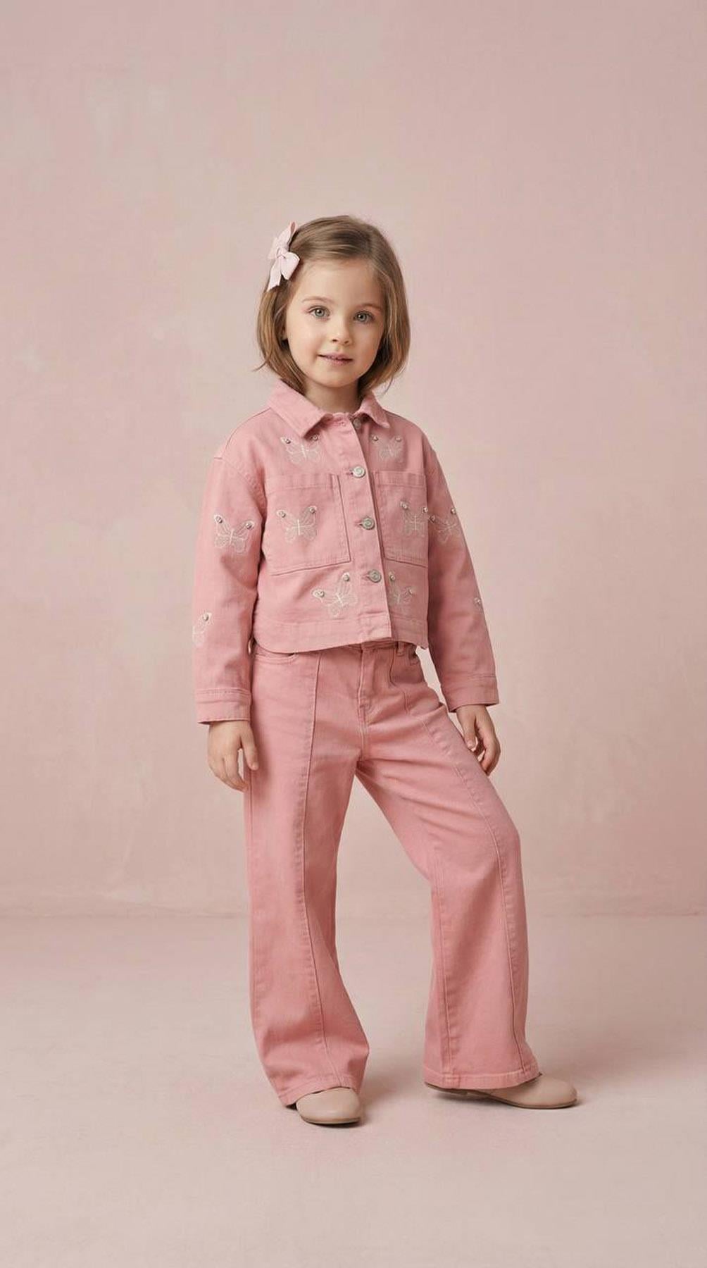 Taşlı Kelebek Denim İkili Takım Pembe (4-12Yaş)
