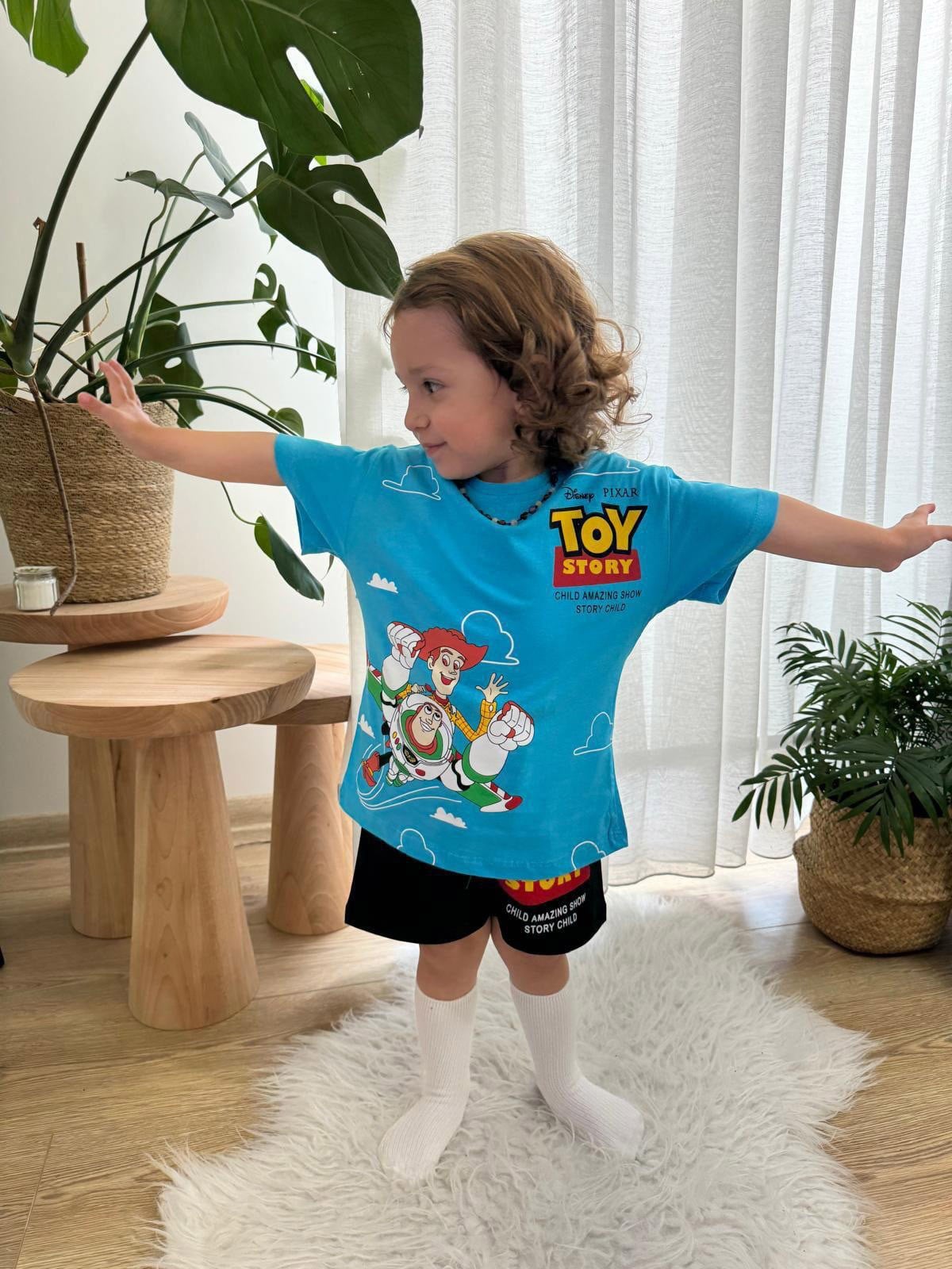 Toy Story Sırt Baskılı Şortlu Erkek Çocuk Pamuklu İkili Takım Mavi (2-8 Yaş)