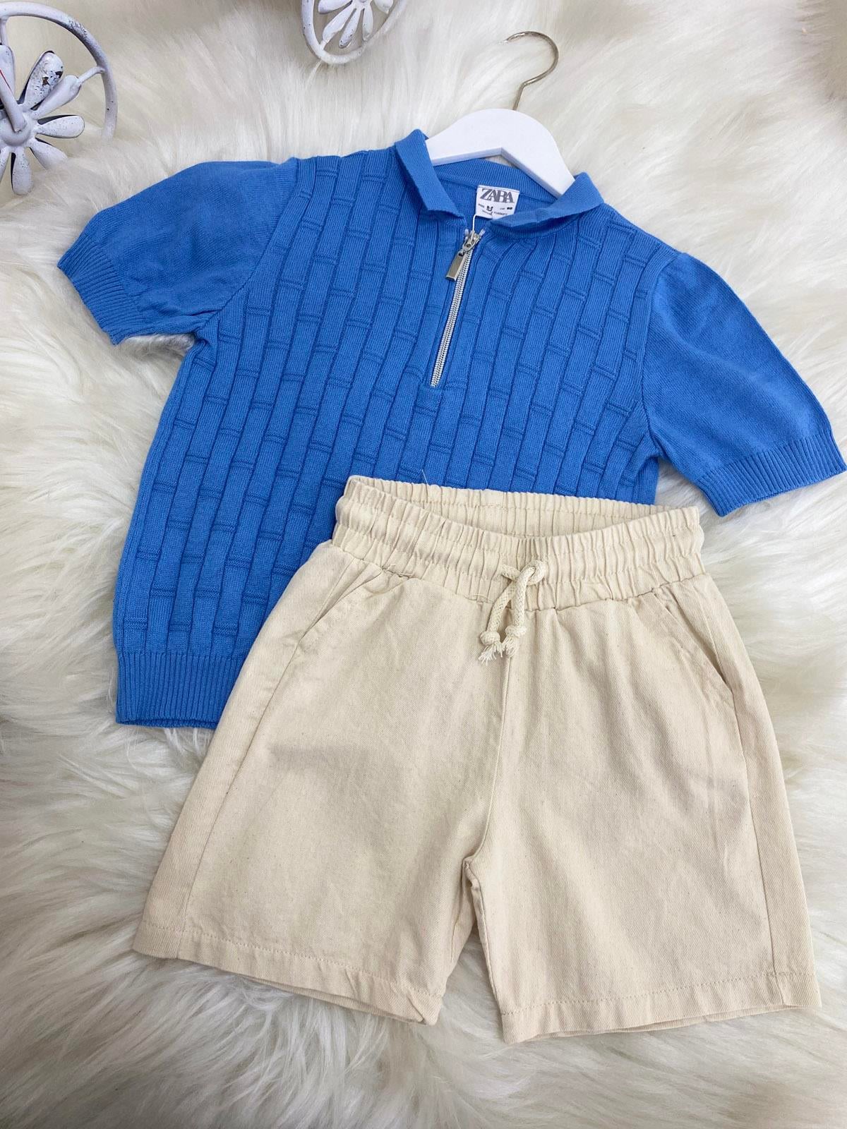 Yakalı Triko ve Şortlu Erkek Çocuk Pamuklu İkili Takım Mavi (2-8 Yaş)