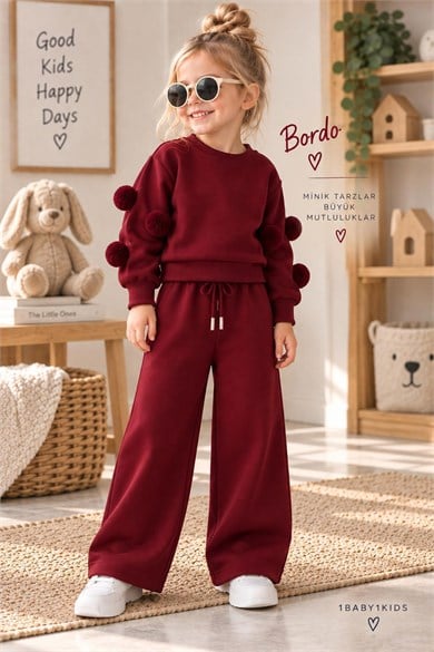 Modal  Kumaş Ponpon Detay Takım Bordo (4-10Yaş)