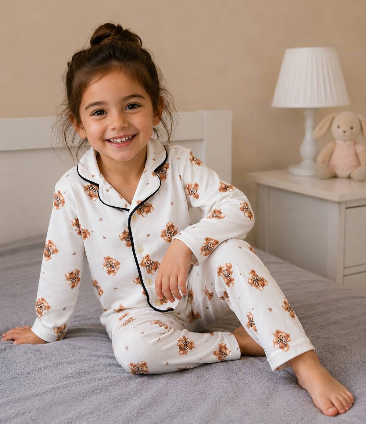 %100Pamuklu Teddy Düğmeli Pijama Takımı (3-12yaş)