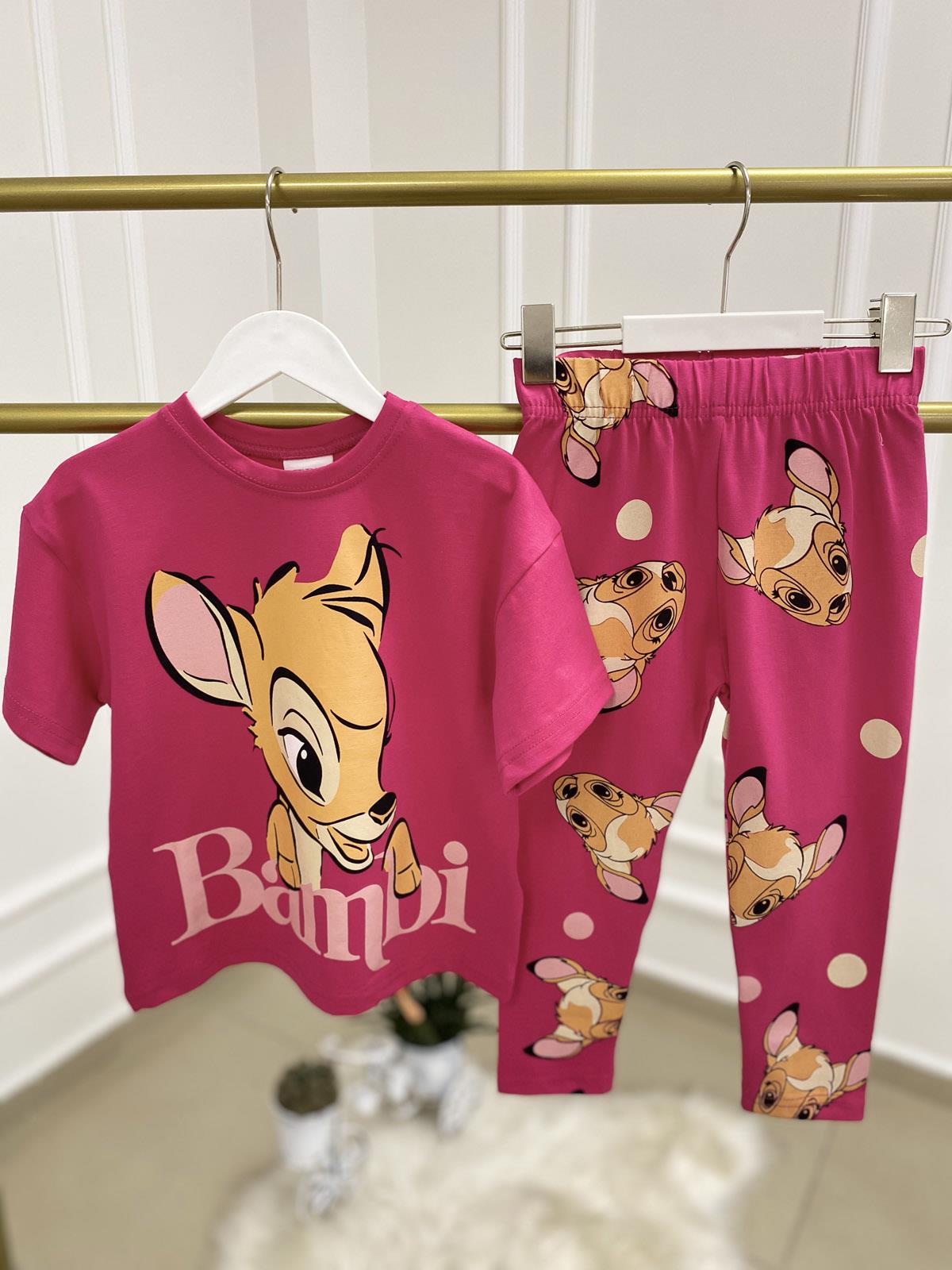 Bambi Kısa Kollu Tayt Pamuklu İkili Takım Koyu Pembe (2-8 Yaş)