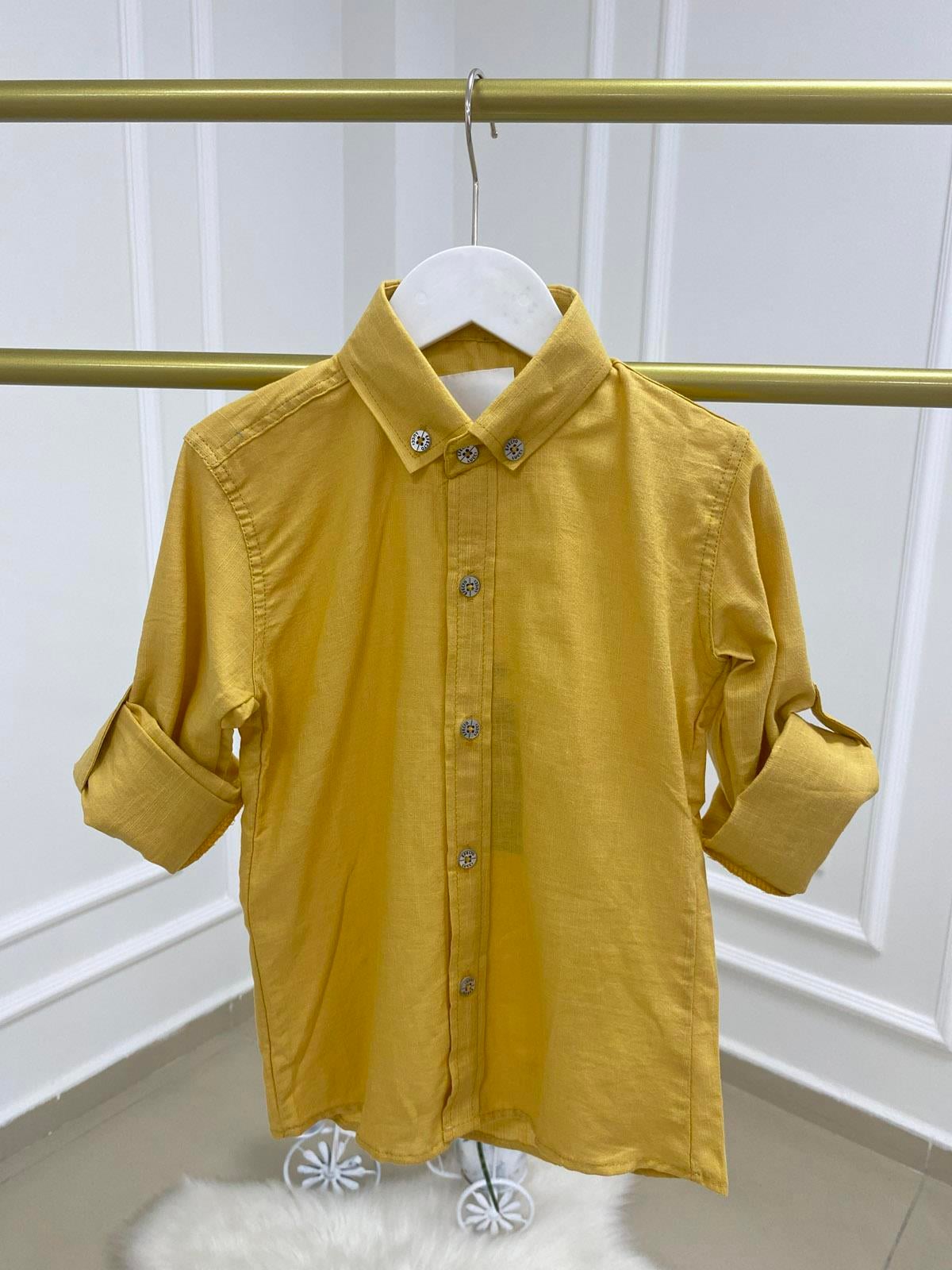 Basic Kol Katlamalı Erkek Çocuk Pamuk Keten Gömlek Sarı (3-9 Yaş)