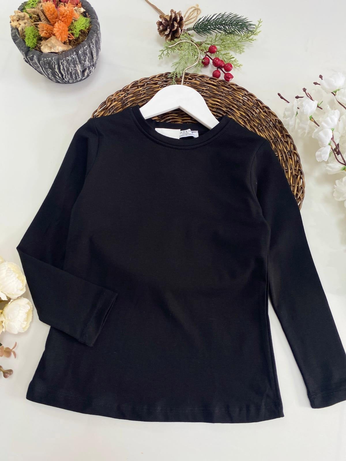 Basic Pamuklu Uzun Kol Tshirt Siyah (3-10 Yaş)